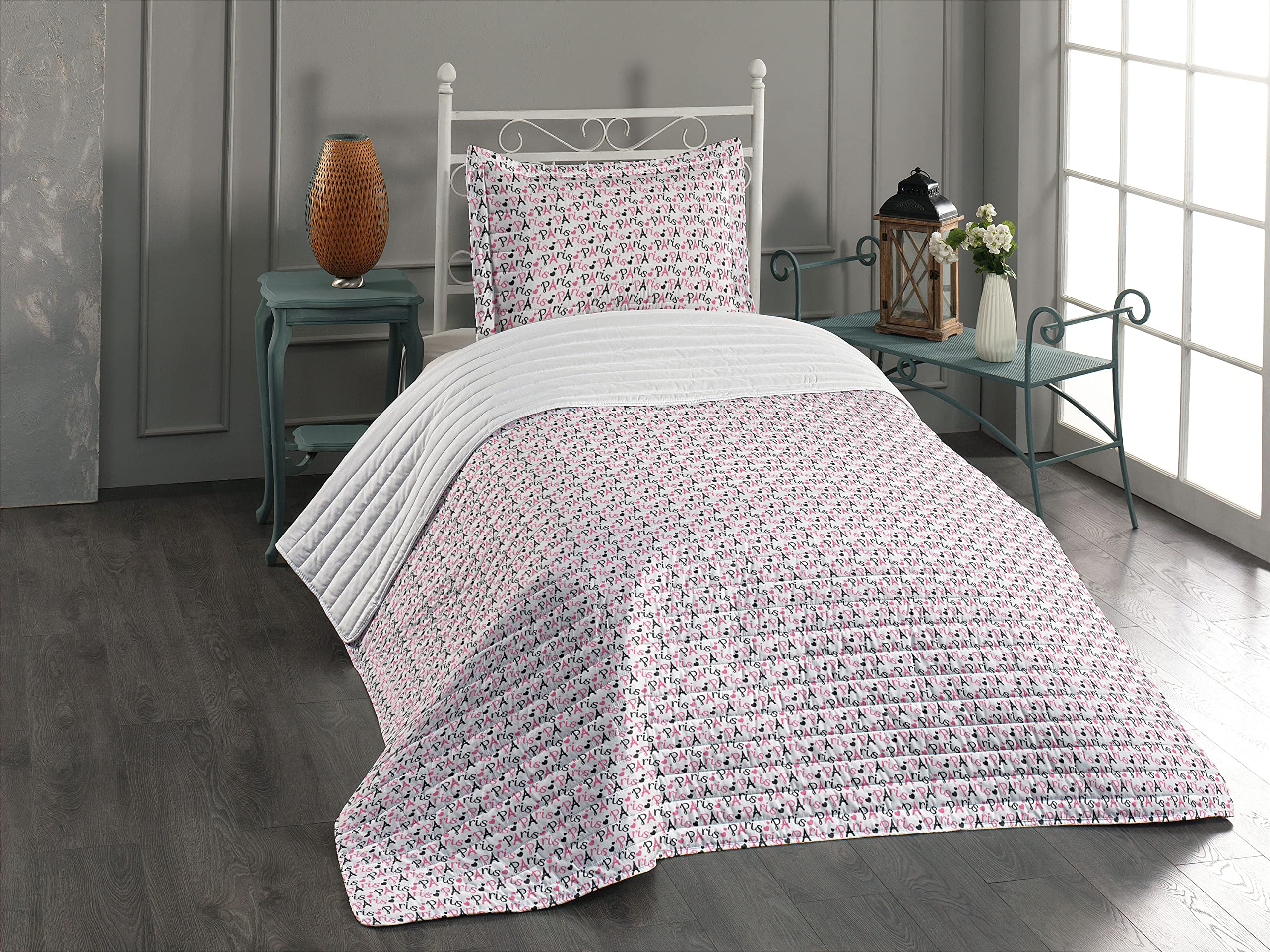 Lunarable Paris Microfiber Bedspread Set - French Themed Romantic Design with Pillow Sham & Comforter | Twin Size in Pink, Black & White | Perfect for Paris-Themed Bedrooms, Guest Rooms & Airbnb Decor