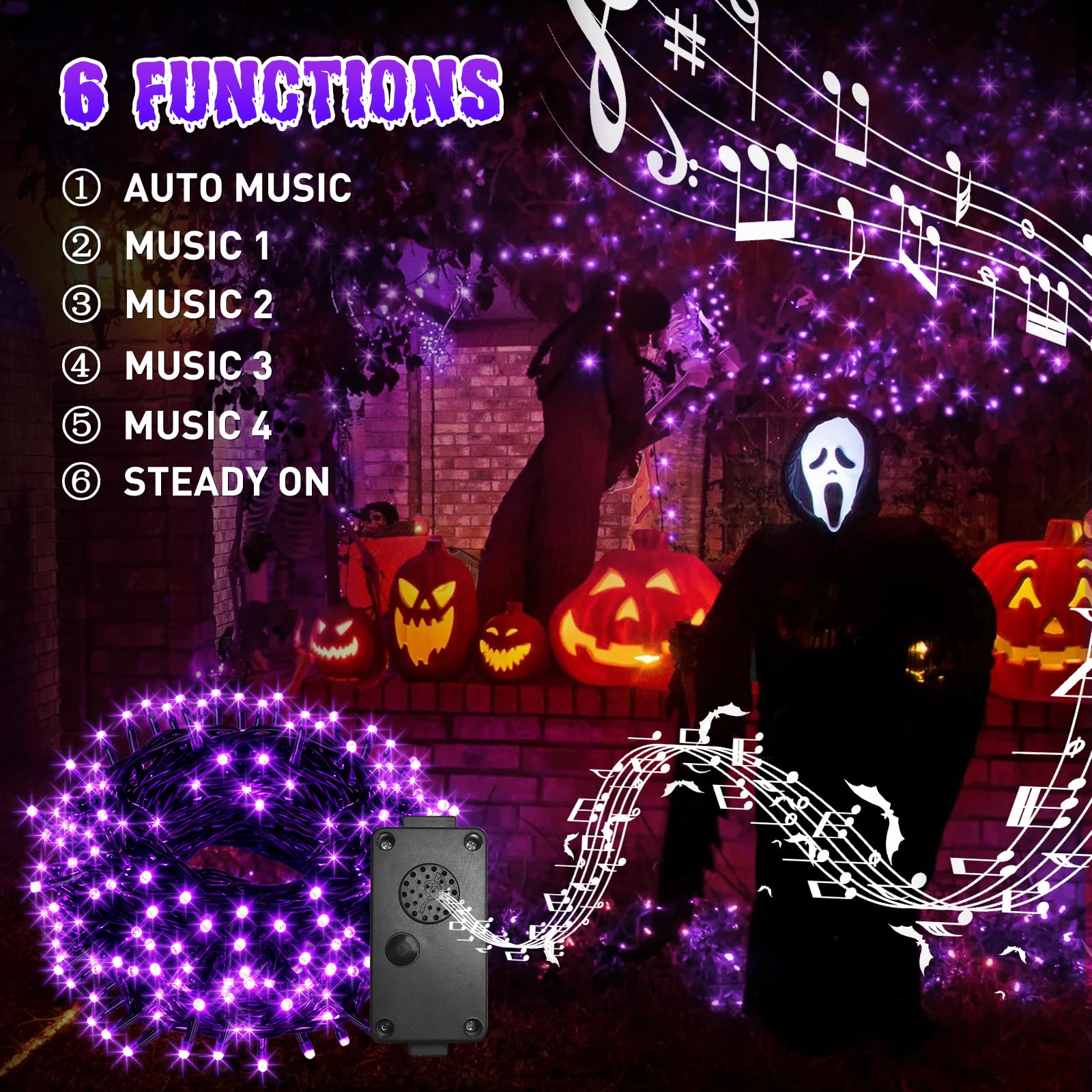 Vanthylit 82 FT 200 LED Halloween String Lights with Music & Motion Sensor - Waterproof Purple Outdoor Halloween Decorations for Yard, Party, and Porch
