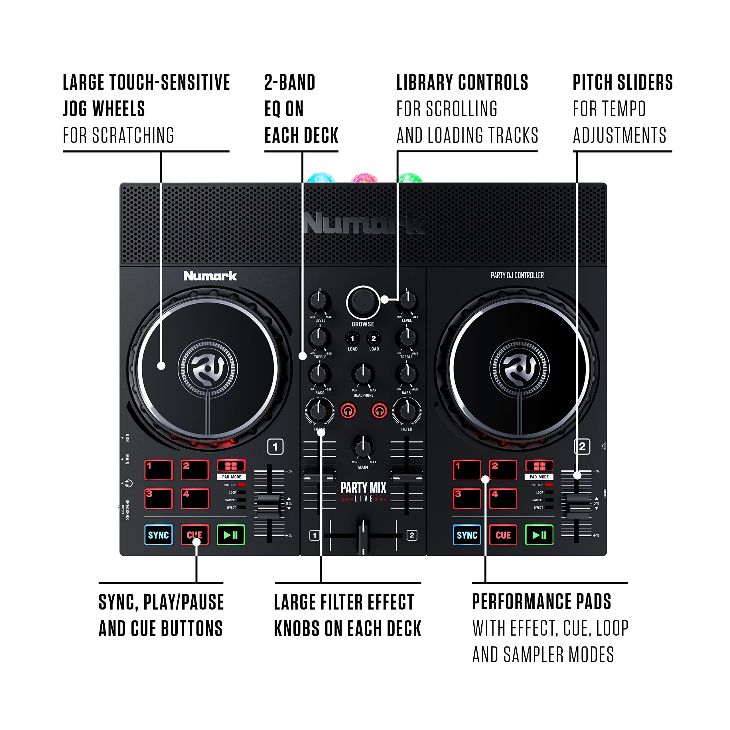 Numark Party Mix Live DJ Controller with HF125 Headphones - Complete DJ Set with Lights, Speakers, Mixer for Adults & Kids | Perfect for Home Parties, Birthday Events & Music Practice