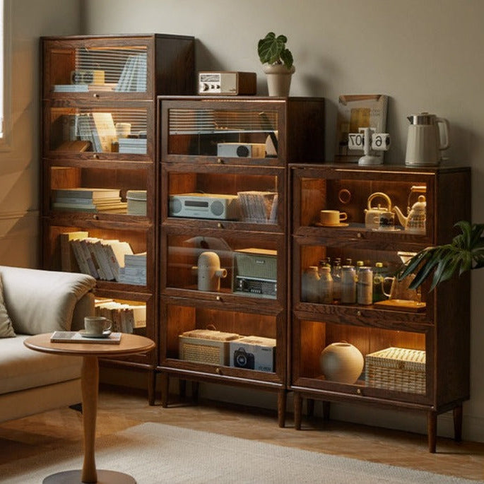 Solid Black Walnut & Oak Wood Glass Flip Door Bookcase - Modern Side Cabinet for Living Room, Office & Bedroom Storage