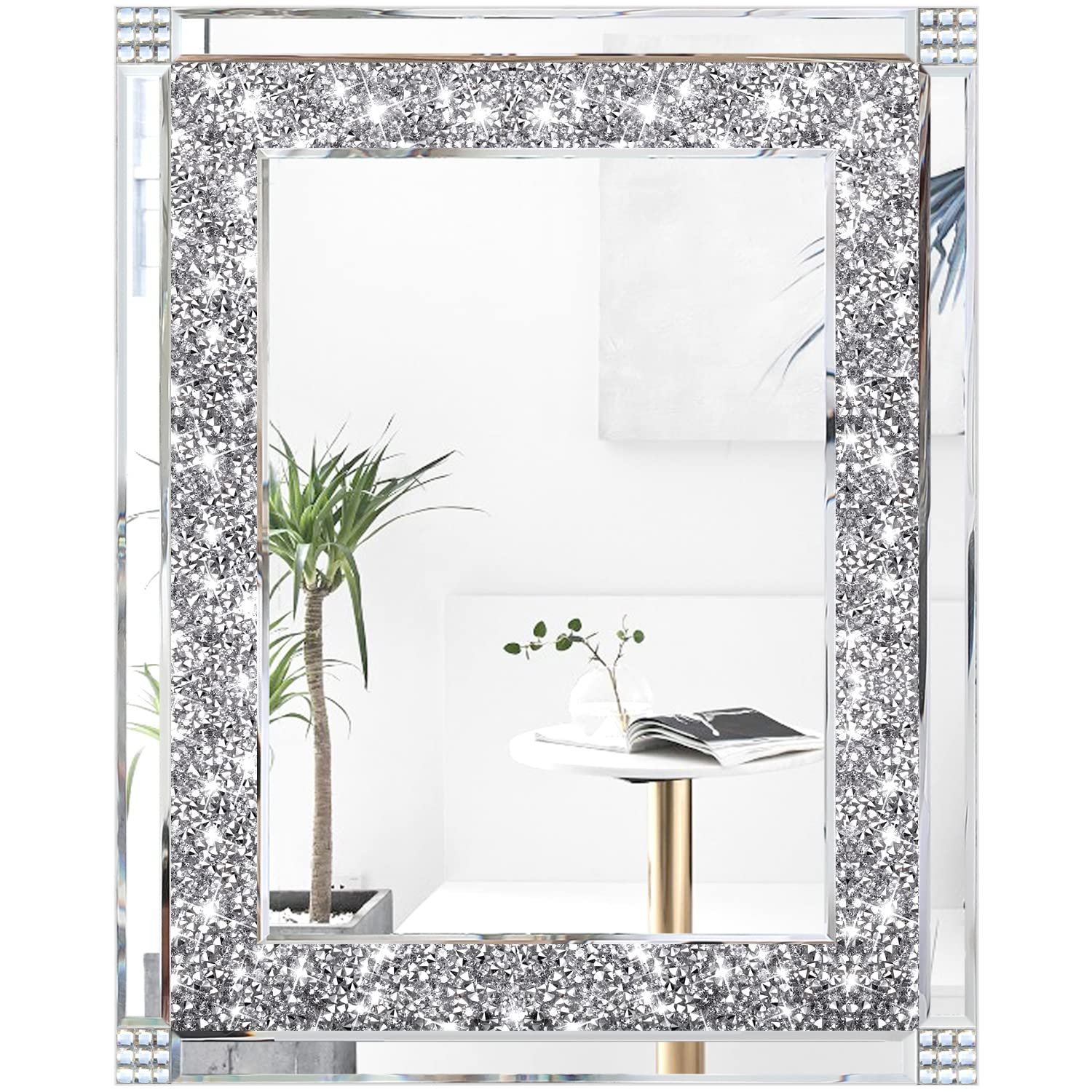 Sparkling Crystal Rhinestone Diamond Wall Mirror - Handcrafted Glass Mirror for Hallway, Bathroom & Bedroom Decor (16