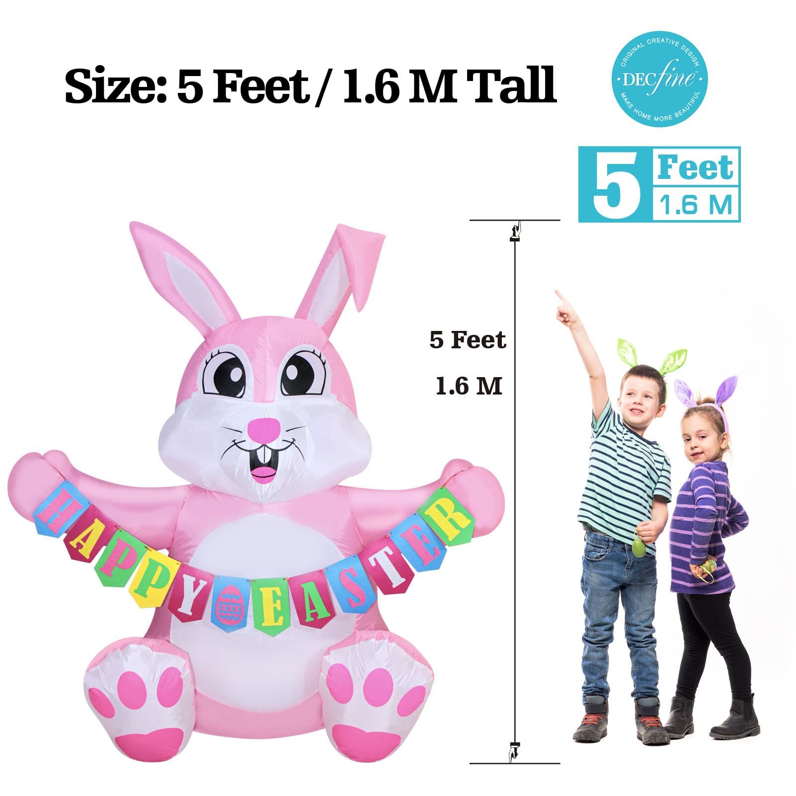 5FT Lighted Inflatable Pink Easter Bunny with Happy Easter Banner - Outdoor Yard Decoration with Built-in Blower & Anchor Ropes - Perfect for Easter Party, Garden Decor, Spring Festival, and Holiday Celebrations (04-Pink Bunny)