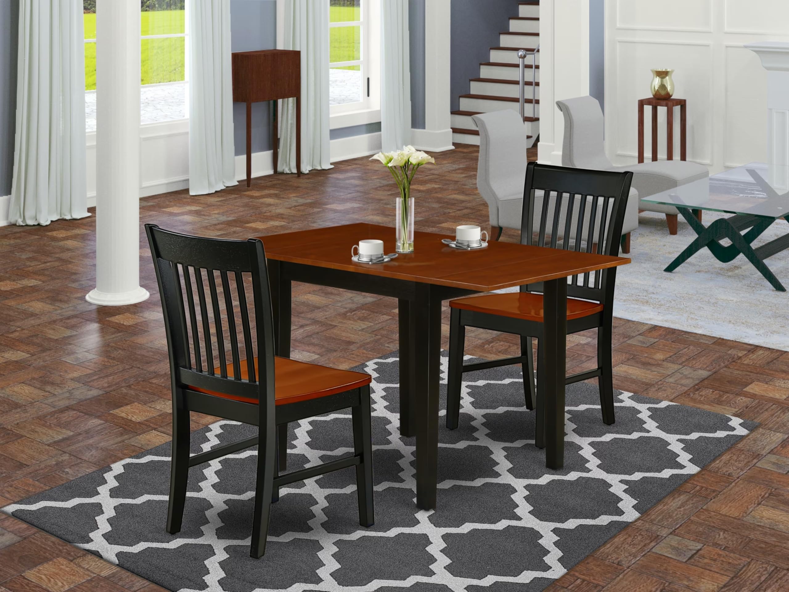 East West Furniture NDNO3-BCH-W 3-Piece Small Space Dinette Set with Drop-Leaf Rectangle Dining Table & 2 Chairs, 30x48 Inches, Black Cherry - Perfect for Apartments, Breakfast Nooks & Compact Dining Areas
