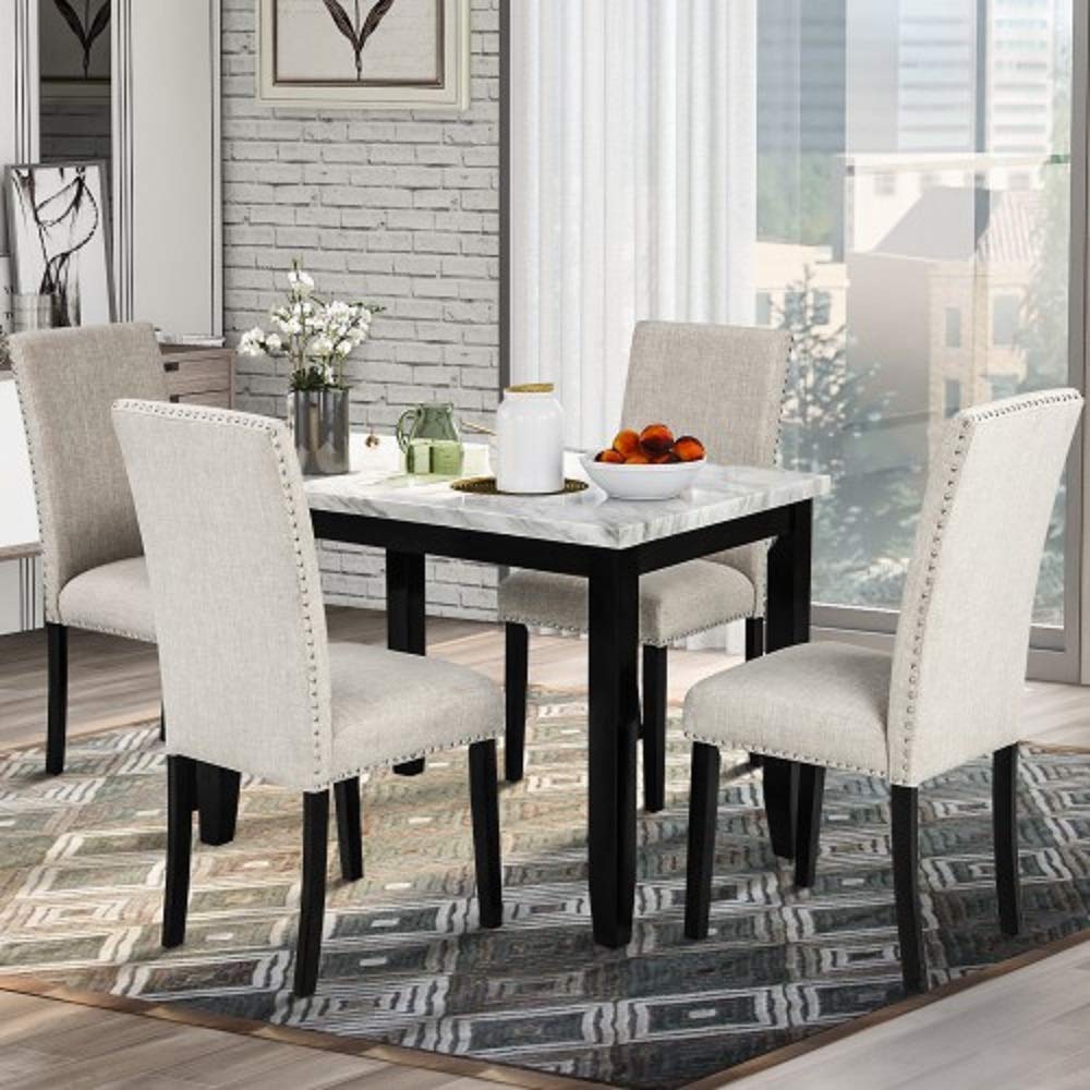 5-Piece Modern Dining Table Set with Faux Marble Tabletop - Contemporary Kitchen Table & 4 Chairs for Home, Restaurant, or Cafe - Perfect for Small Spaces, Family Meals, and Entertaining Guests