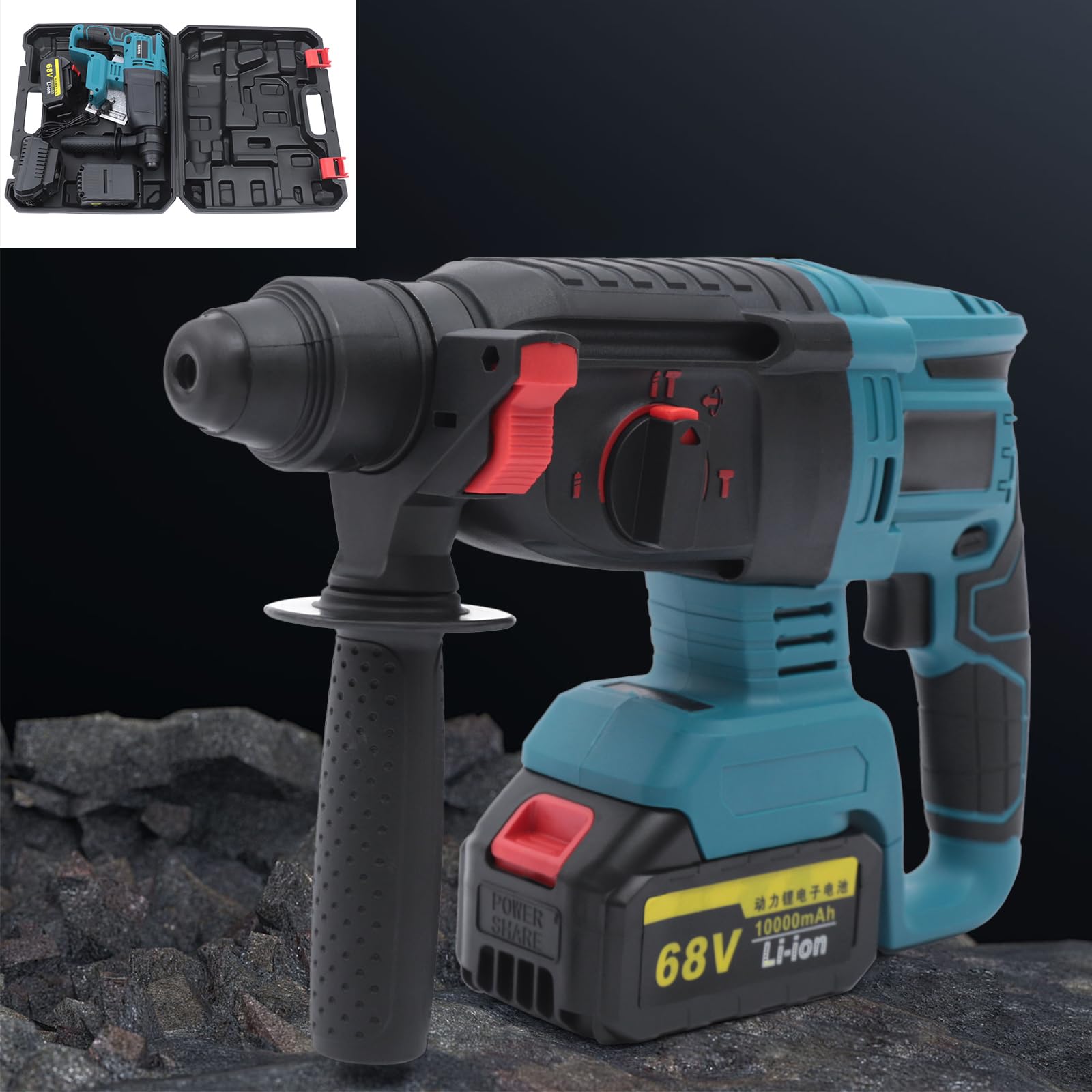 4 in 1 Cordless Hammer Drill Kit - Brushless Rechargeable Electric Demolition Jack Hammer with 2 Li-Ion Batteries - Concrete Breaker & Punching Tool for Wood, Metal & Masonry Drilling - Perfect for DIY Projects, Home Renovation & Construction Work
