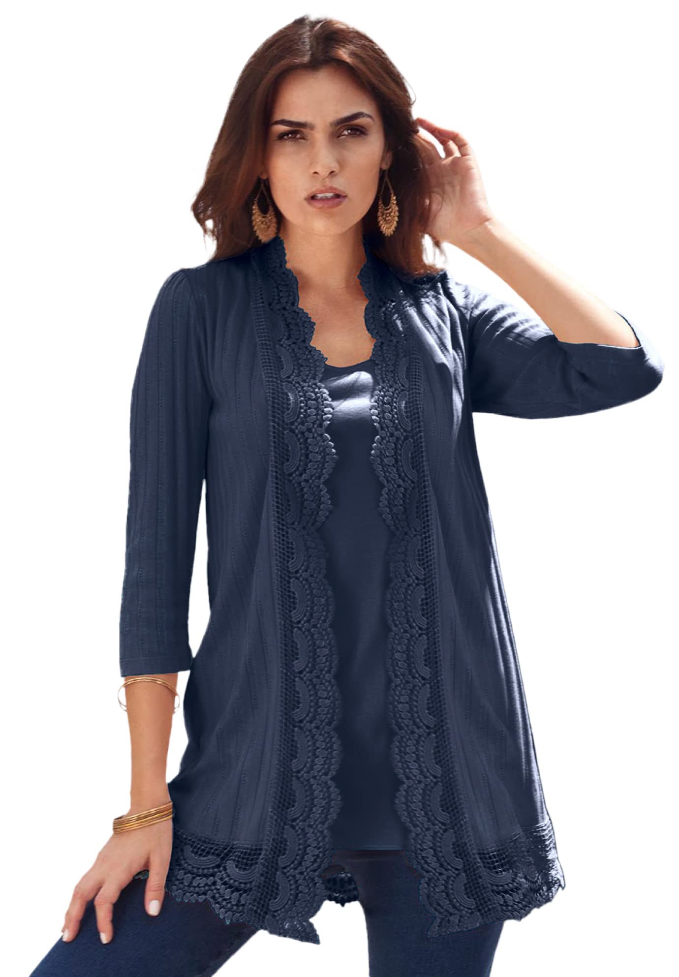 Roaman's Women's Plus Size Crochet Trim Pointelle Cardigan Sweater - Lightweight Open Front Knit Cover Up for Casual Wear, Office, Spring & Fall Outfits