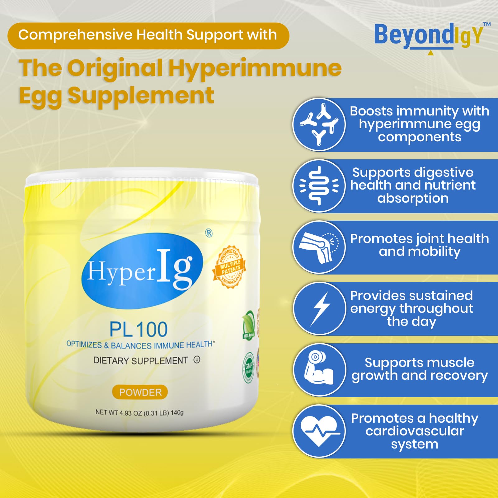 PL-100 Hyperimmune Egg Protein Powder - Immune Booster, Digestive Support & Joint Care Supplement | 140g Canister for Energy, Muscle Strength & Overall Wellness | Perfect for Athletes, Fitness Enthusiasts & Immune Support