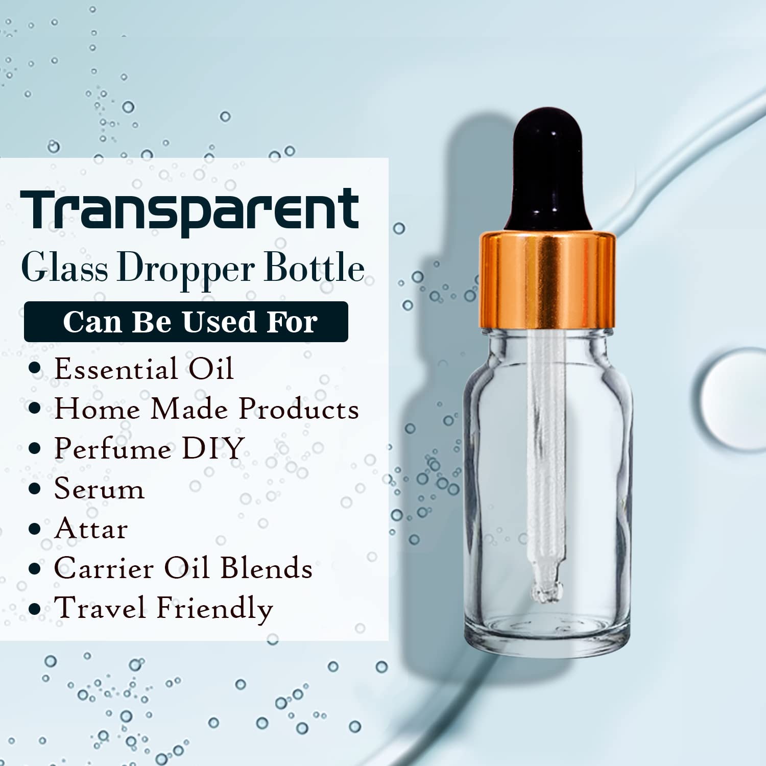 NSB Herbals 10ml Clear Round Empty Glass Bottle with Glass Dropper, Gold Ring & Black Silicone Teat - 6 Pack | Leakproof, Refillable for Essential Oils, Perfumes, DIY Beauty & Aromatherapy