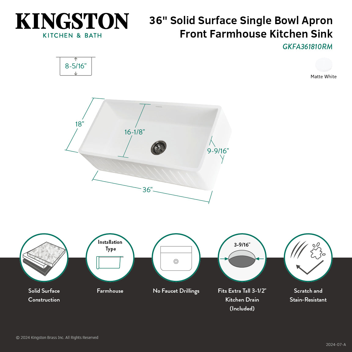 Arcticstone 36 Inch White Farmhouse Kitchen Sink - Matte White Solid Surface Single Bowl Apron Front Sink with Strainer - Perfect for Modern Farmhouse & Rustic Kitchen Designs