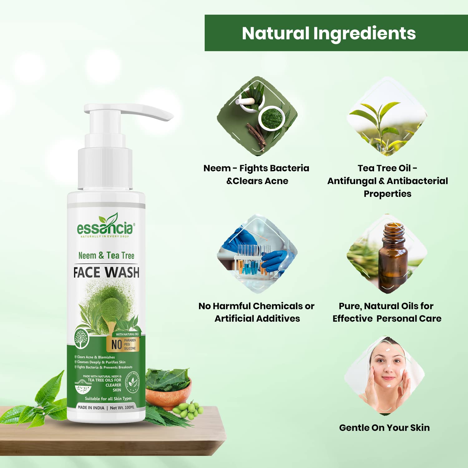 Essancia Neem & Tea Tree Face Wash for Acne-Prone Skin - 100ml Deep Cleansing & Purifying Formula | Paraben-Free, Silicone-Free | Men & Women | Daily Skincare Routine & Post-Workout Refresh