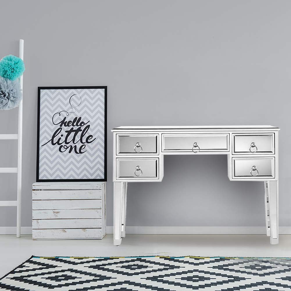 Mirrored Vanity Table with 5 Drawers - Elegant Makeup Desk & Console Table for Women, Home Office Writing Desk with Smooth Finish | Perfect for Bedroom, Dressing Room & Home Office Organization