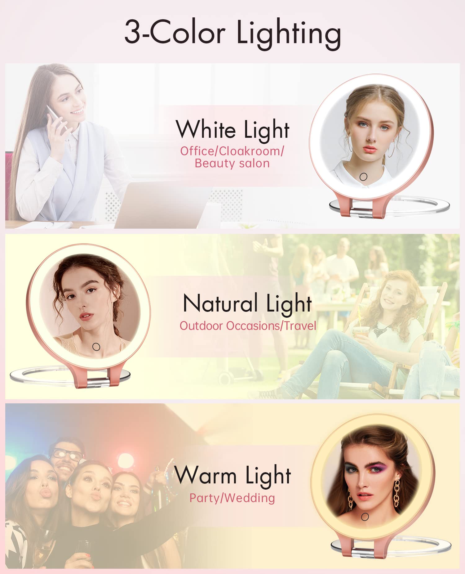 10X & 1X Double-Sided Magnifying Makeup Mirror with LED Lights - 3 Color Settings, Rechargeable, Adjustable Rotation - Perfect for Vanity Desk, Bathroom & Travel Makeup Application