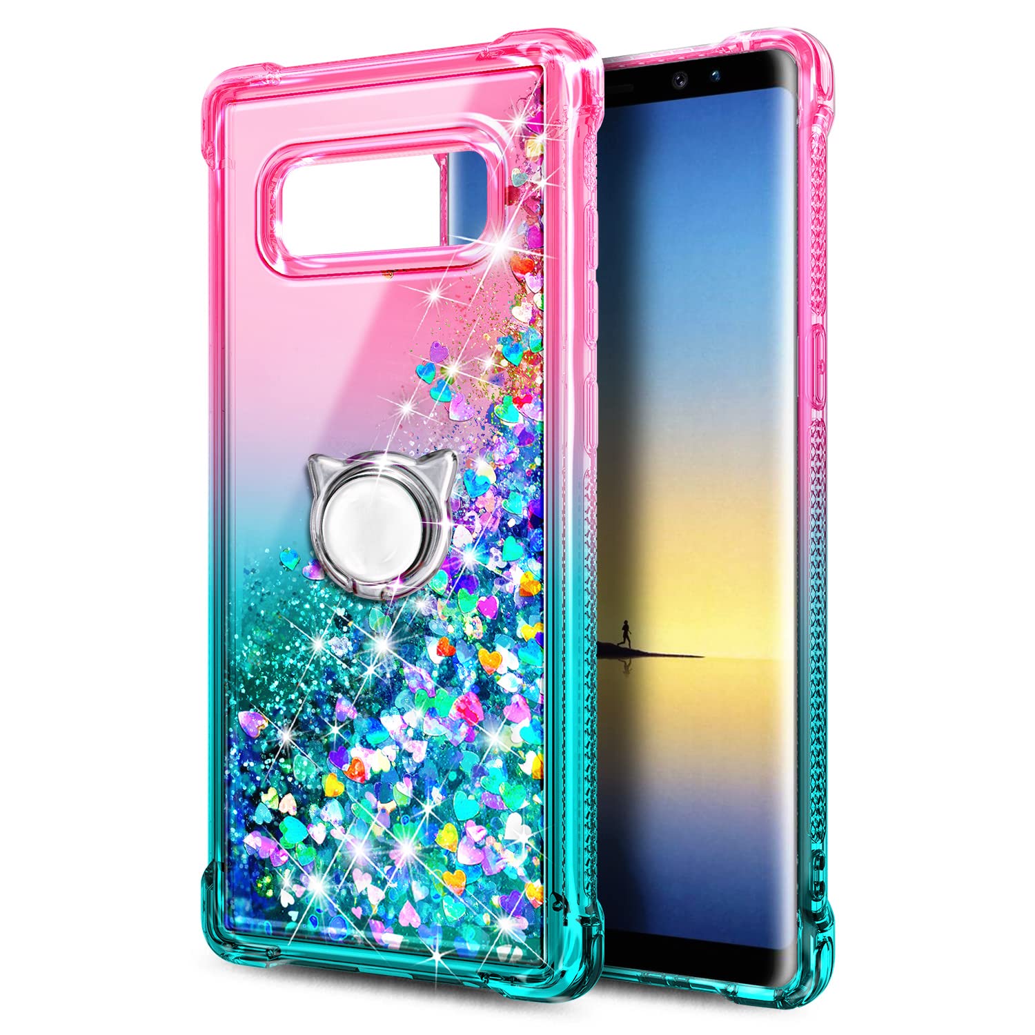 Sparkle Glitter Liquid Flow Phone Case for Samsung Galaxy Note 8 with Ring Holder & Wrist Strap - Cute Pink Aqua Protective Cover for Women Girls Kids - Perfect for Daily Use, Travel and Hands-Free Convenience