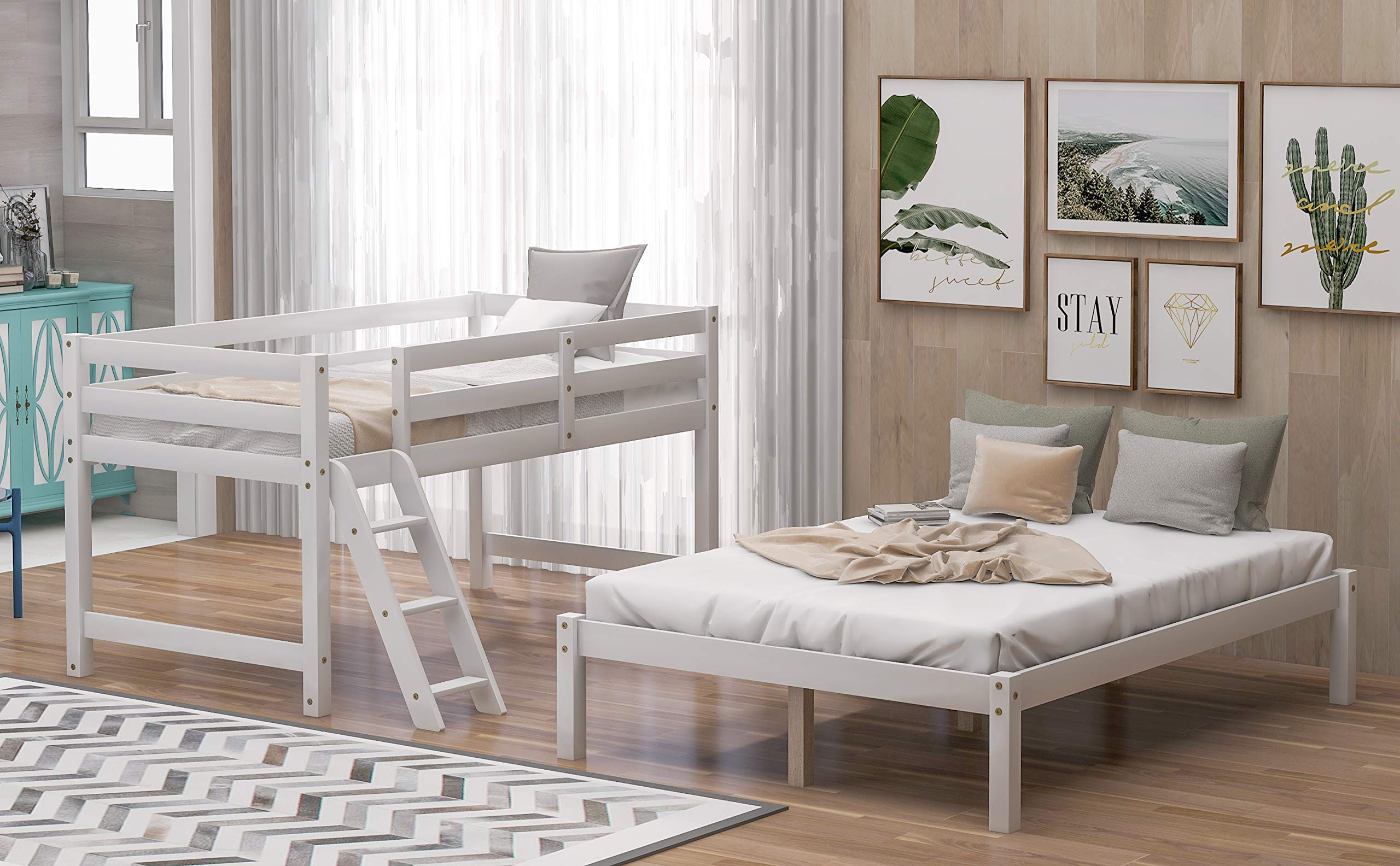 Solid Wood Twin Over Full Bunk Bed with Guardrail & Ladder - Convertible to Twin Loft Bed or Full Size Bed - Wood Slat Support - No Box Spring Needed (White) - Perfect for Kids' Rooms, Guest Rooms & Space-Saving Bedroom Solutions