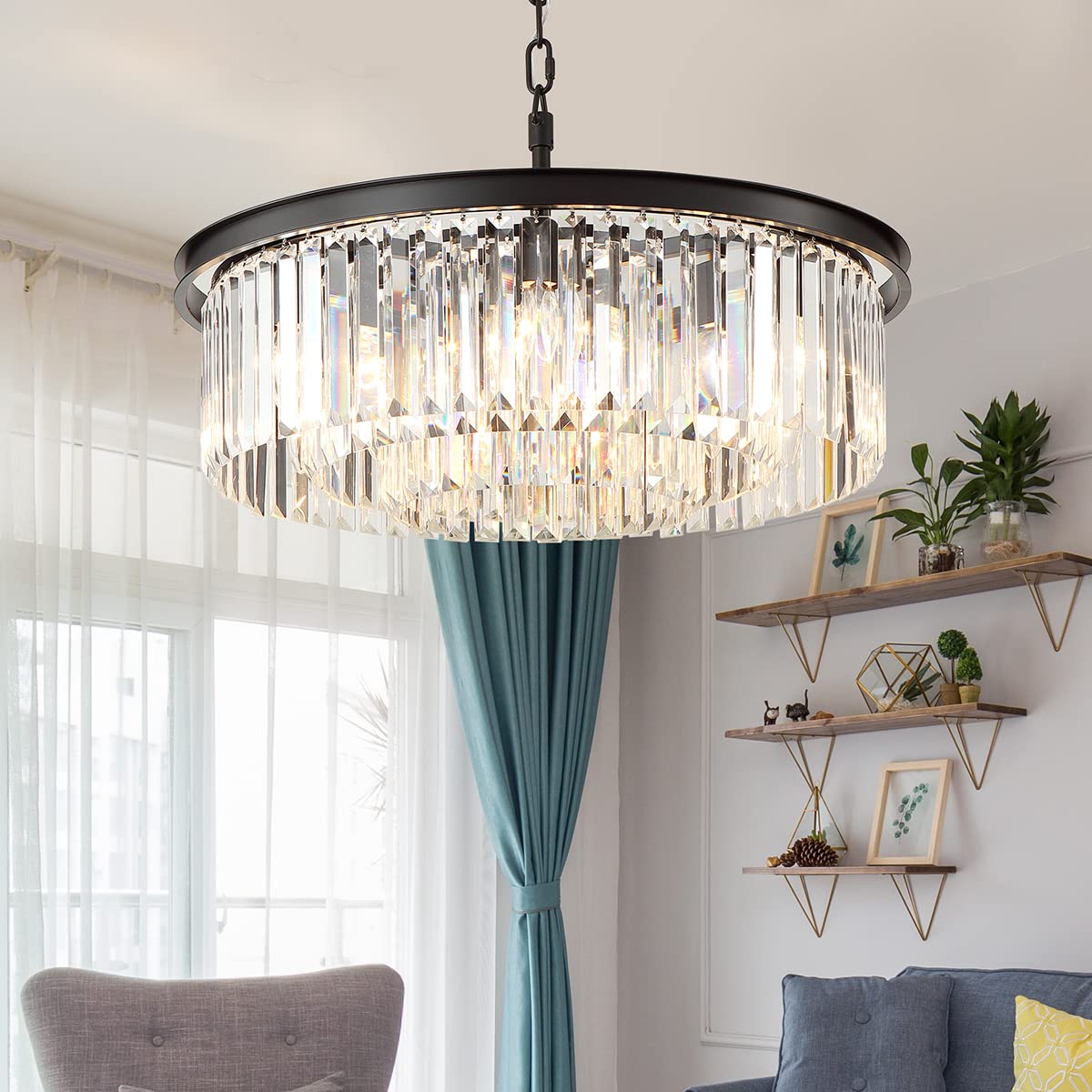 Modern Black Crystal Chandelier - 9-Light 3-Tier Raindrop Ceiling Light Fixture for Dining Room, Living Room & Bedroom - 24 Inch Diameter Luxury Lighting - Perfect for Home Decor, Wedding Venues & Restaurant Ambiance