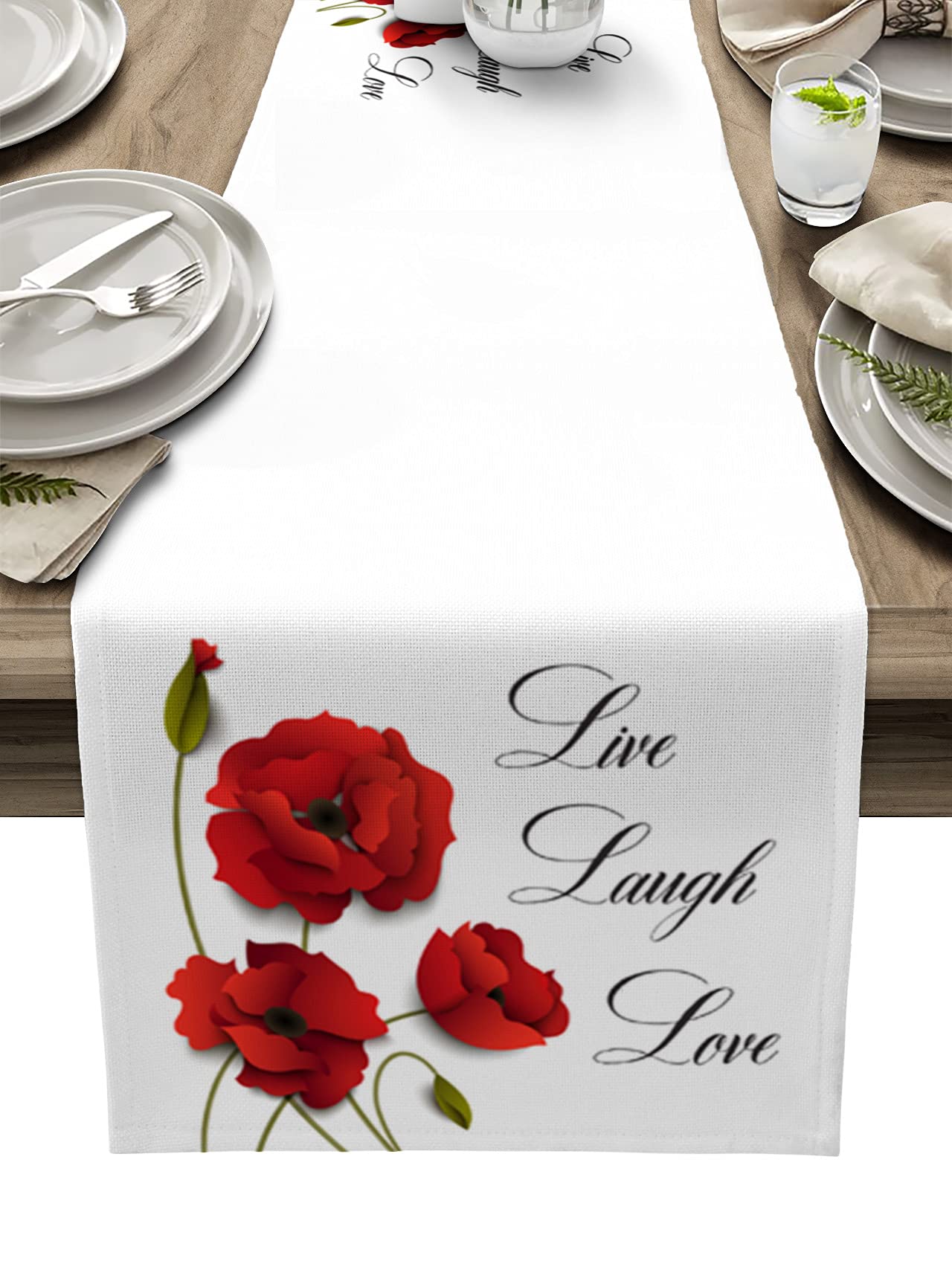 Red Poppies Flower Cotton Linen Table Runner - 13x108 Inch Farmhouse Kitchen Decor for Dining Table, Holiday Dinner & Dresser Scarves | Live Laugh Love Art Design | Perfect for Rustic Home, Wedding & Seasonal Decoration