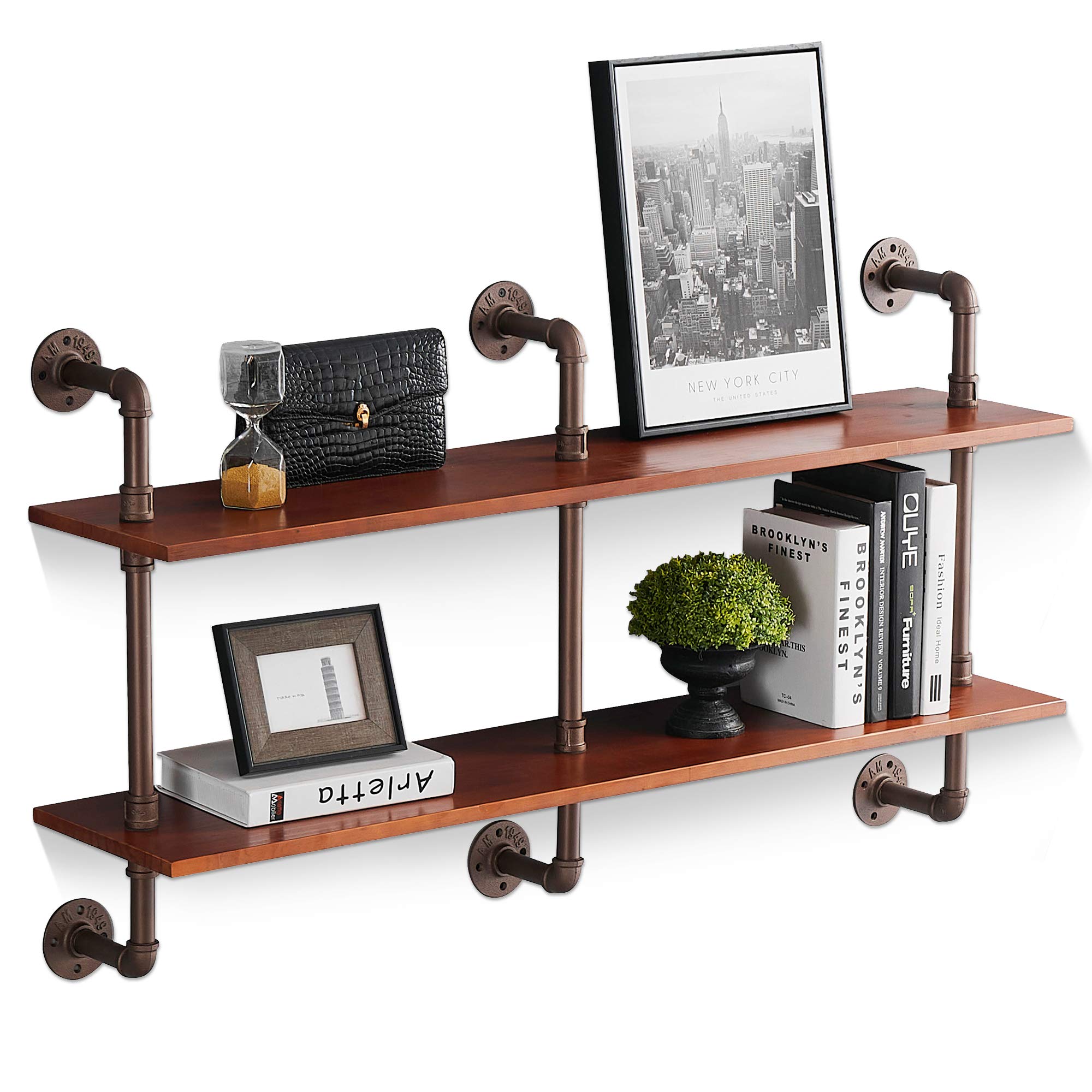 **Industrial Pipe Shelves with Wood 2-Tiers - Rustic Wall Mount Shelf with Metal Brackets, DIY Floating Bookshelf for Home & Office Storage - Perfect for Living Room, Bedroom, Kitchen & Bathroom Organization**