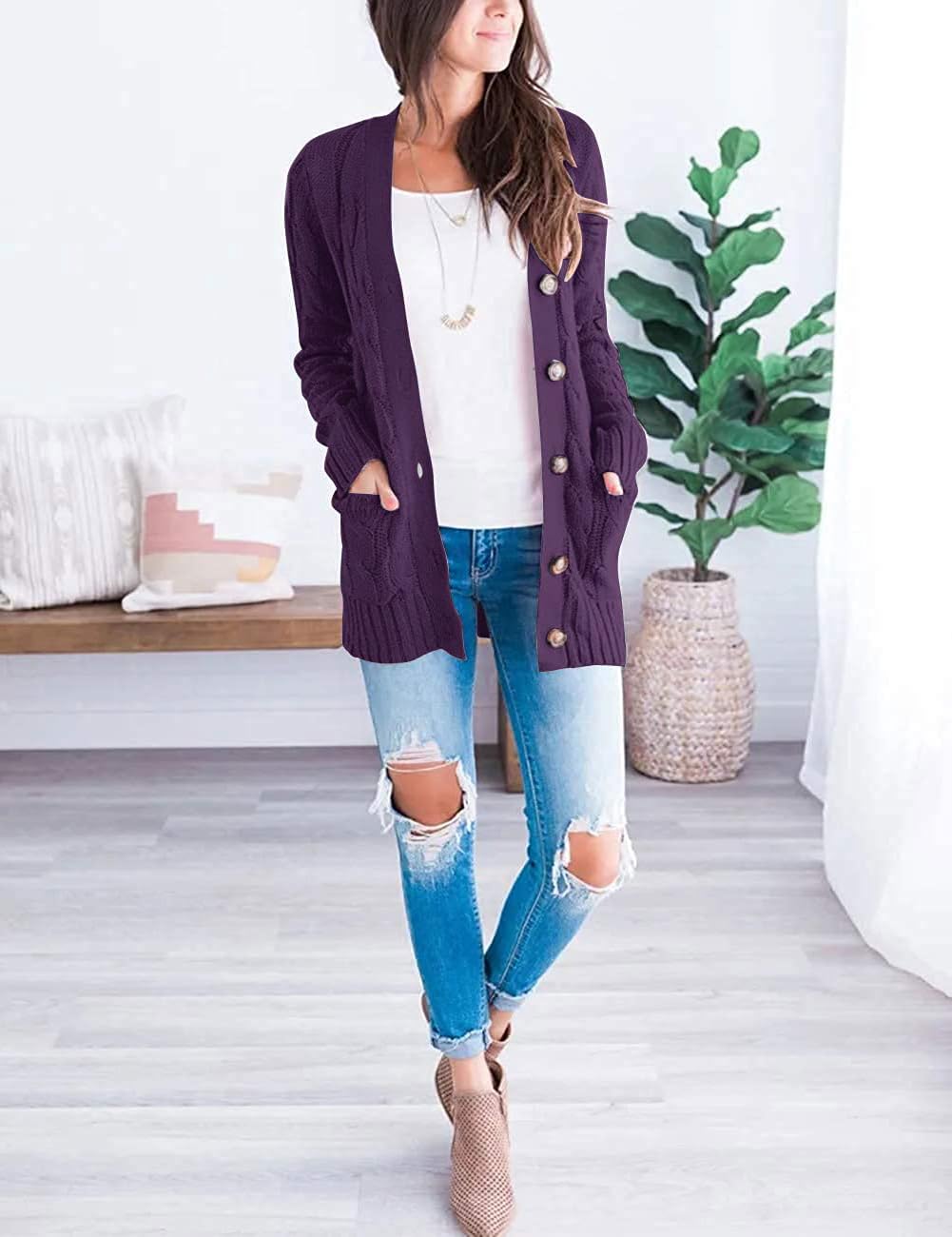 MEROKEETY Women's 2025 Fall Long Sleeve Cable Knit Sweater Cardigan - Open Front Button Loose Fit Outerwear for Casual Wear, Office & Autumn Outfits