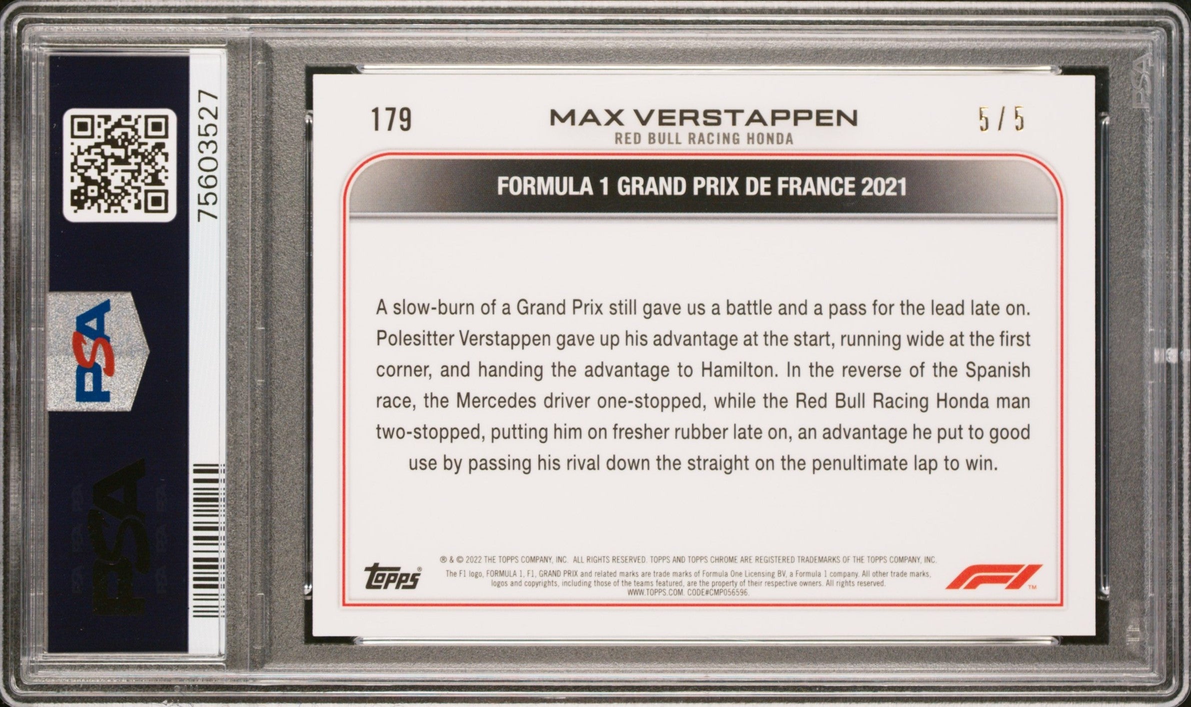 2022 Topps Chrome F1 Max Verstappen #179 PSA 9 Sapphire Red Parallel - Rare Racing Card for Collectors & F1 Fans, Perfect for Display or Investment