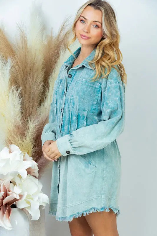 Stylish Teal Corduroy Dip Dye Shirt Dress for Women | Vintage-Inspired Casual & Office Wear | Perfect for Fall Outfits and Date Nights