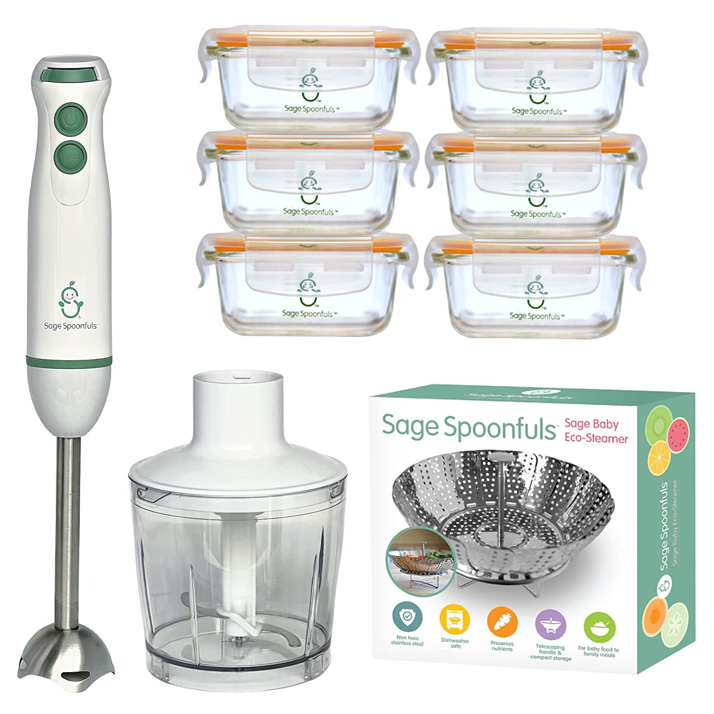SAGE SPOONFULS 10-Piece Baby Food Maker Set - Electric Baby Food Processor & Blender for Fruits, Vegetables & Meat with Leakproof Glass Containers & Steamer Basket - Perfect for Homemade Baby Purees & Toddler Meals