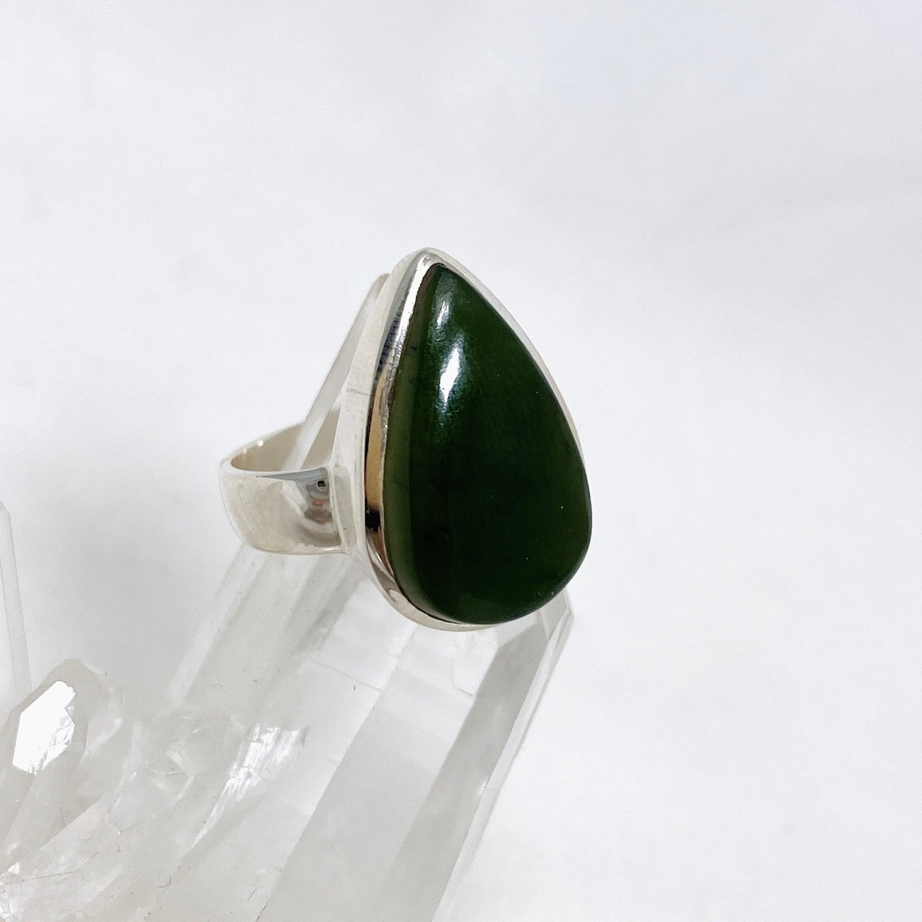 Natural Siberian Jade Nephrite Teardrop Ring - Size 8.5 - Elegant Handmade Jewelry for Women - Perfect for Weddings, Parties & Special Occasions