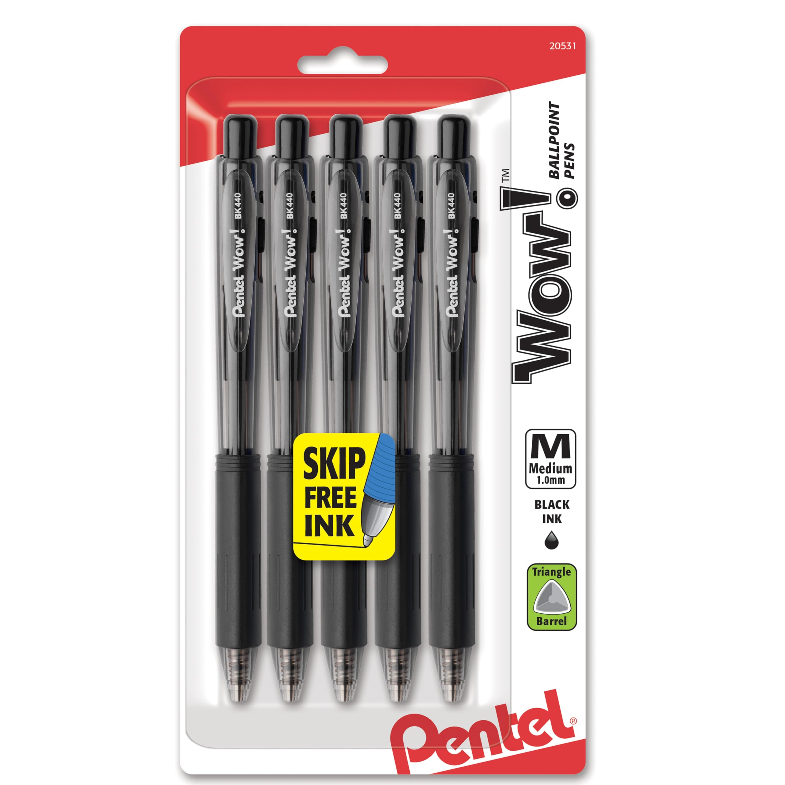 Pentel WOW! Retractable Ballpoint Pens - Medium Point (0.7mm) Black Ink, 5-Pack Smooth Writing Pens for Office, School & Home Use - BK440BP5A