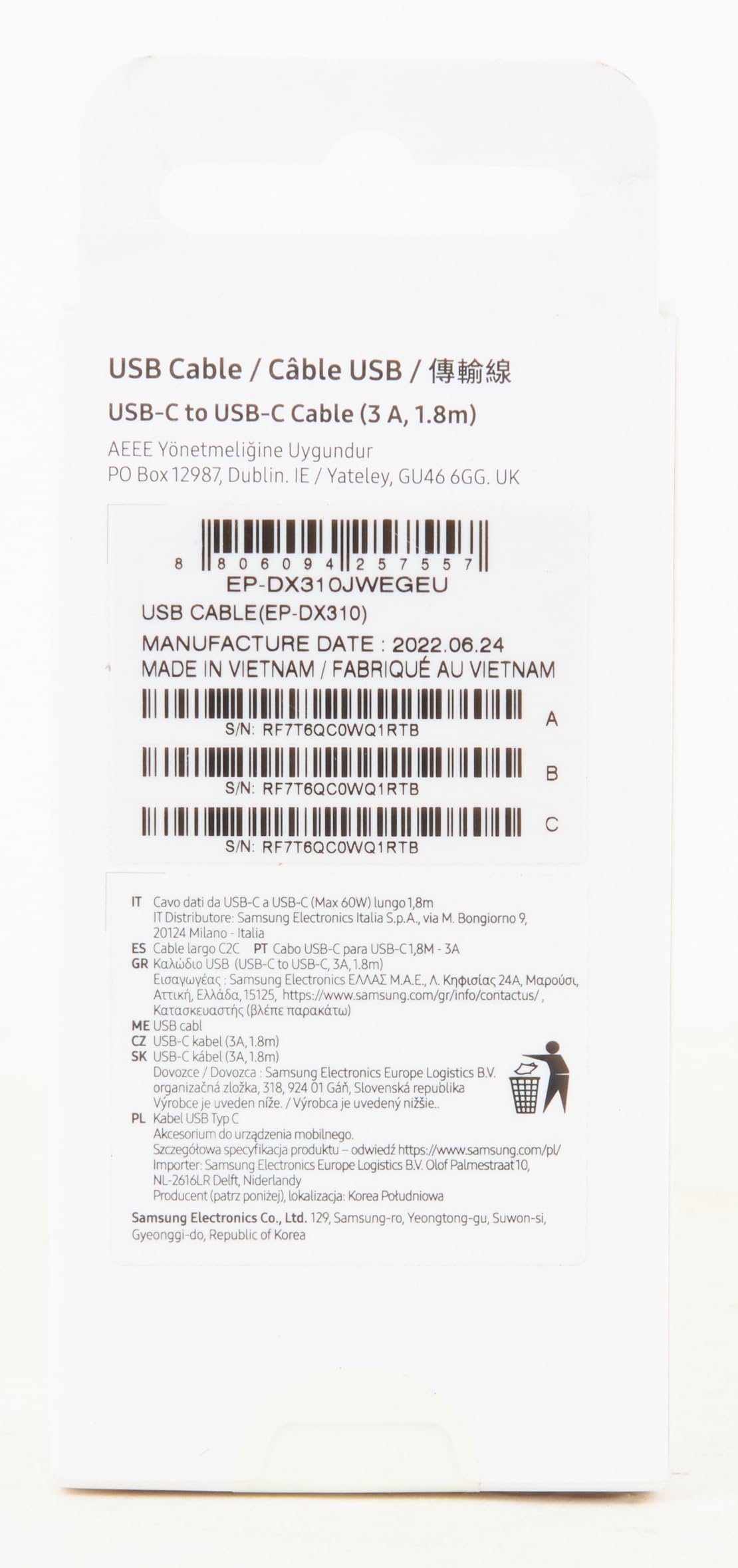 Samsung EP-DX310 USB Type-C to USB Type-C Fast Charging Cable (3A, 1.8m/6ft) - White - Compatible with Galaxy S23/S22/S21, Note 20, Tab S8 & More - Perfect for Home, Office & Travel Charging