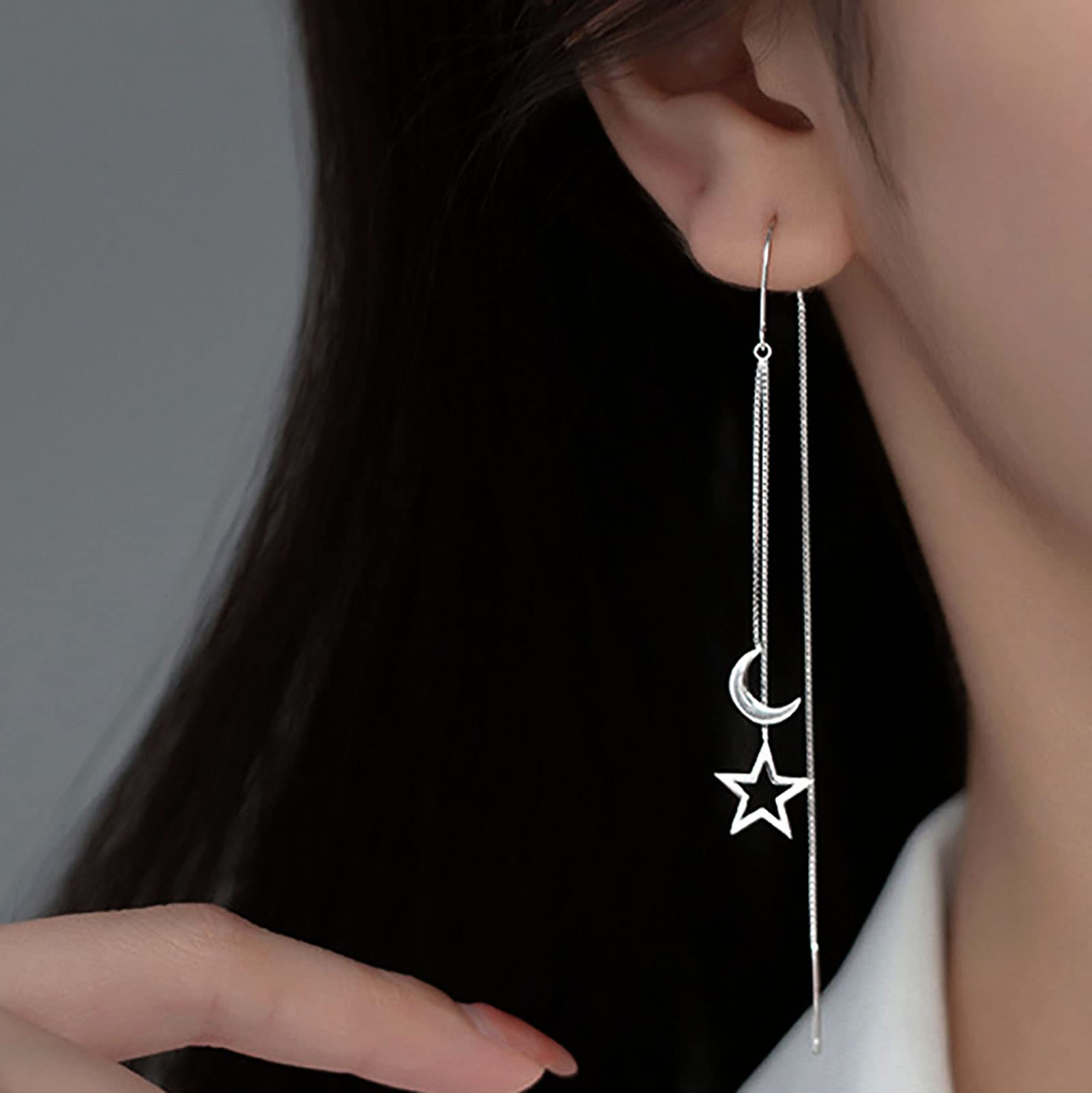 Atentuyi Silver Moon & Star Threader Earrings - Long Chain Drop Dangle Earrings with Tassel for Women & Girls | Perfect for Boho, Festival, and Everyday Wear