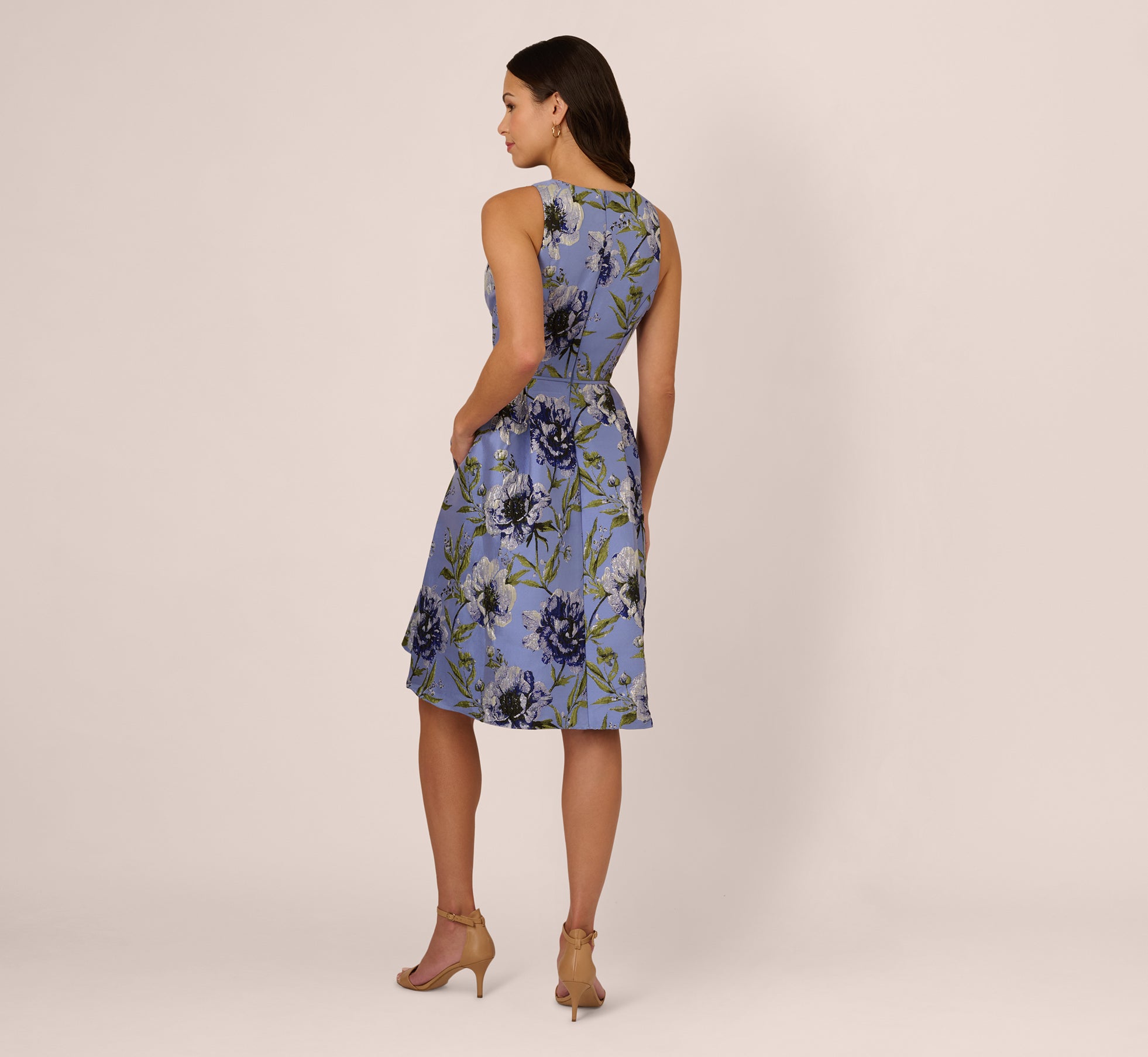 Blue Multi Sleeveless Jacquard Fit and Flare Midi Dress for Women - Perfect for Summer Parties, Weddings & Casual Outings