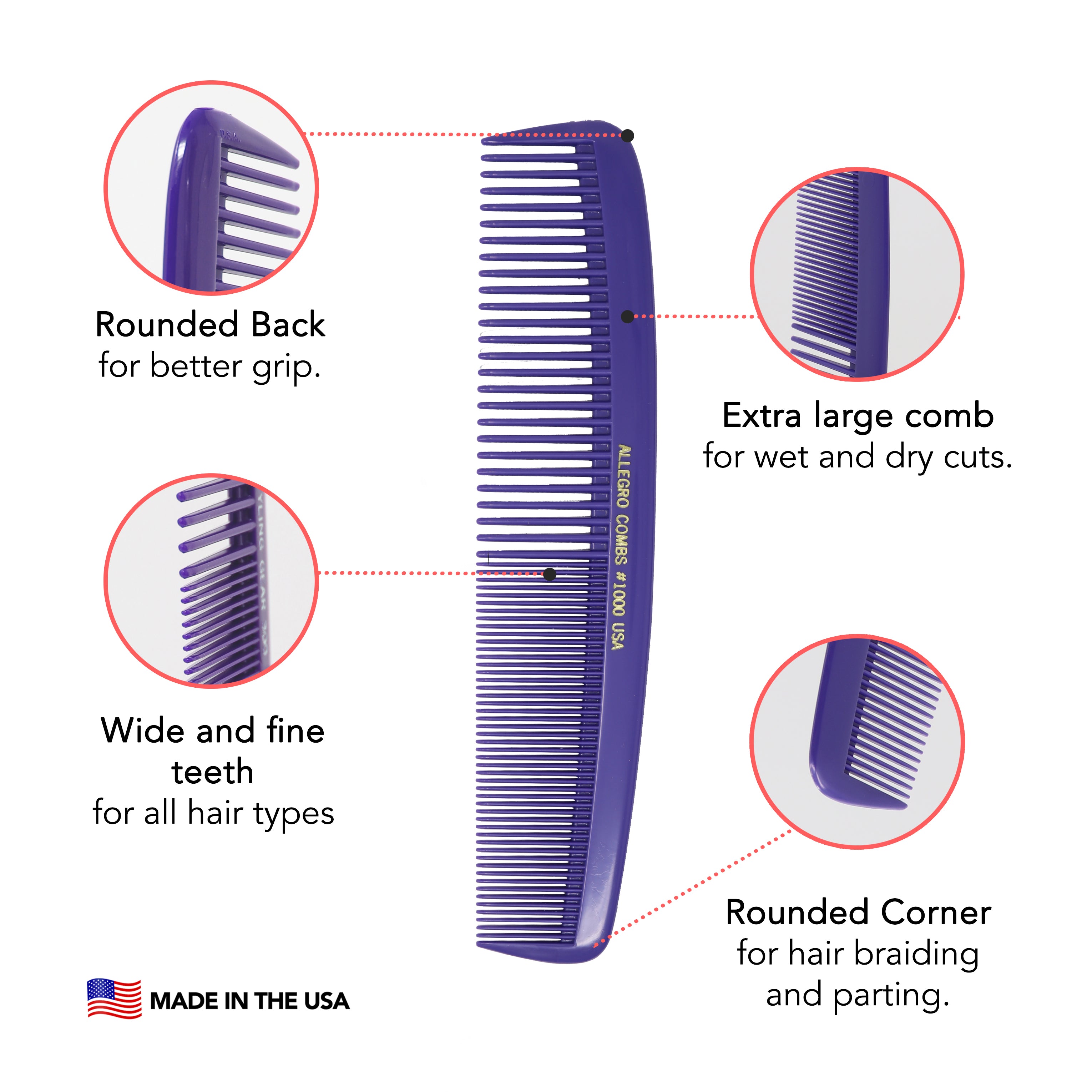 Allegro Combs #1000 X Large Styling Comb - Professional All Purpose Hair Comb for Thick & Curly Hair - Perfect for Salons, Styling & Detangling at Home