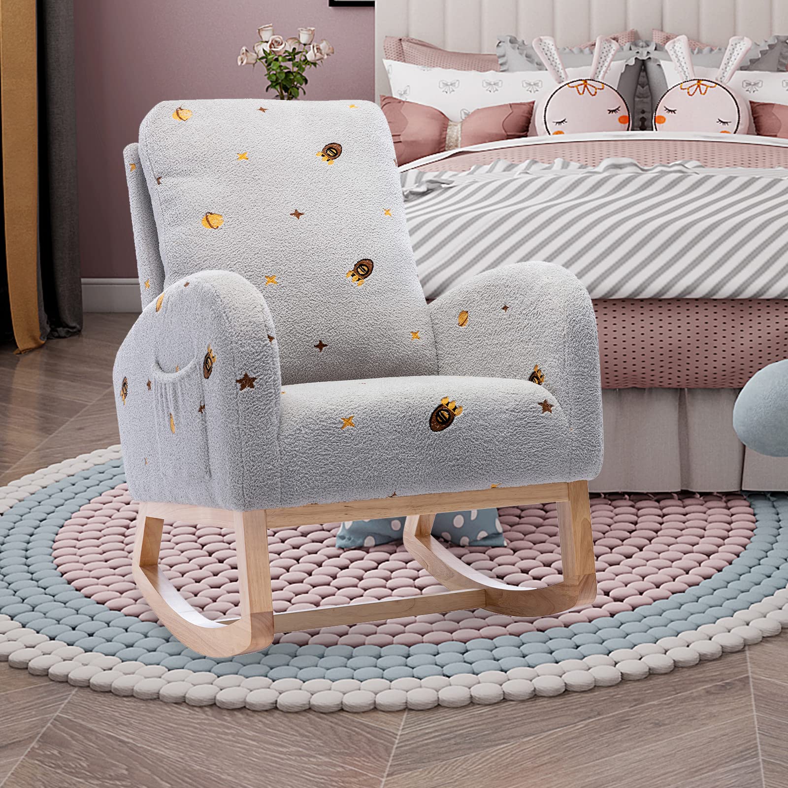 Pvillez Modern Upholstered Nursery Glider Rocking Chair - Comfortable Nursing Chair with Side Pocket for Breastfeeding, Baby Room & Living Room (Gray) - Perfect for Relaxing, Nursing & Nursery Decor