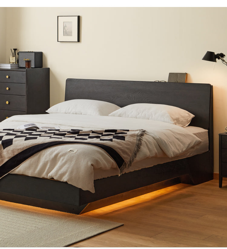 Solid Oak Wood Floating Platform Bed with LED Lights - Modern Smoky Finish for Bedroom, Guest Room, or Studio Apartment