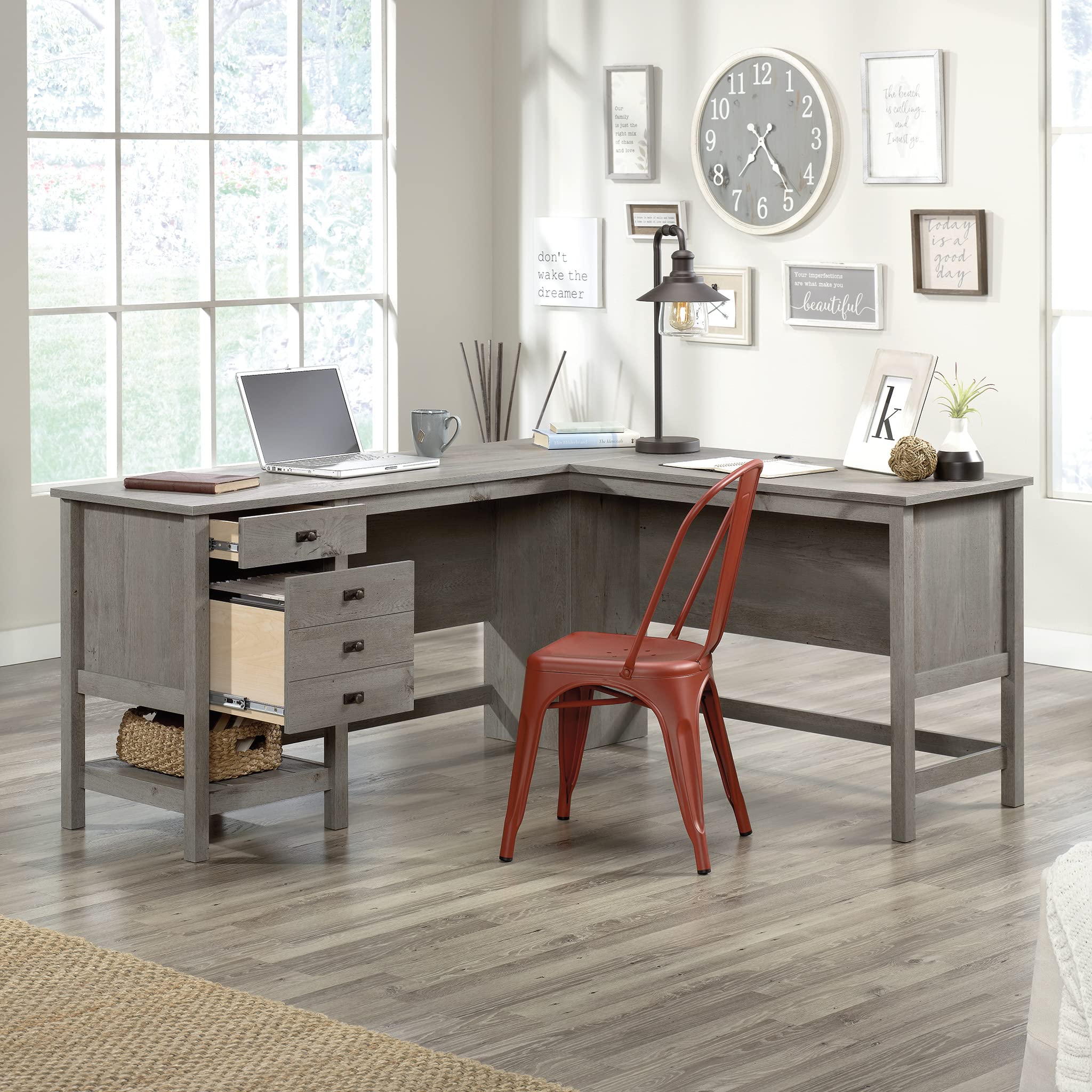 Sauder Cottage Road L-Shaped Computer Desk with Drawers & File Cabinet - Home Office Desk with Cable Management in Mystic Oak Finish - Perfect for Small Spaces & Remote Work