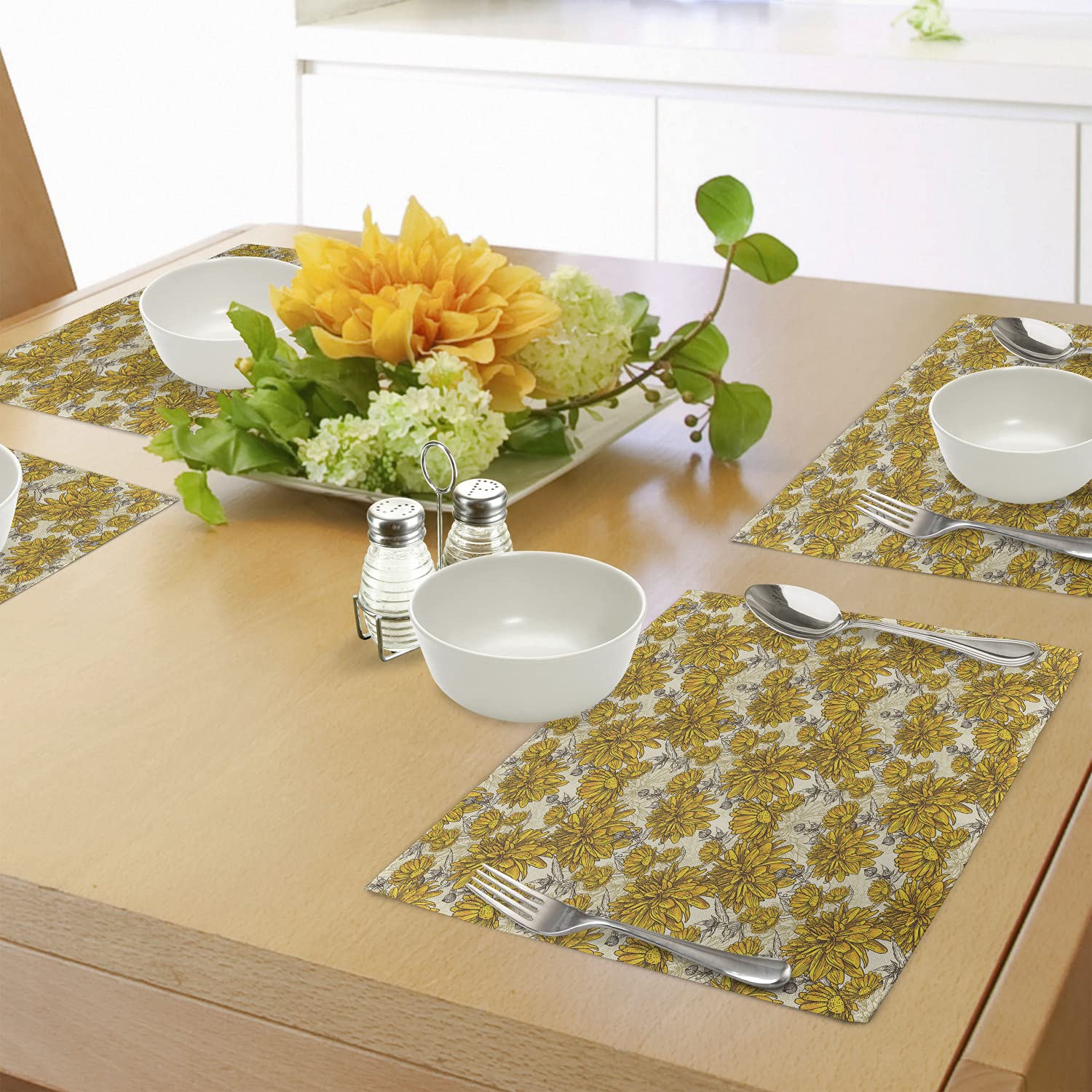 Ambesonne Floral Place Mats Set of 4 - Lily & Carnation Bouquet Washable Fabric Table Mats for Dining Room, Kitchen Decor | Earth Tones | Perfect for Spring Tablescapes, Dinner Parties & Home Styling