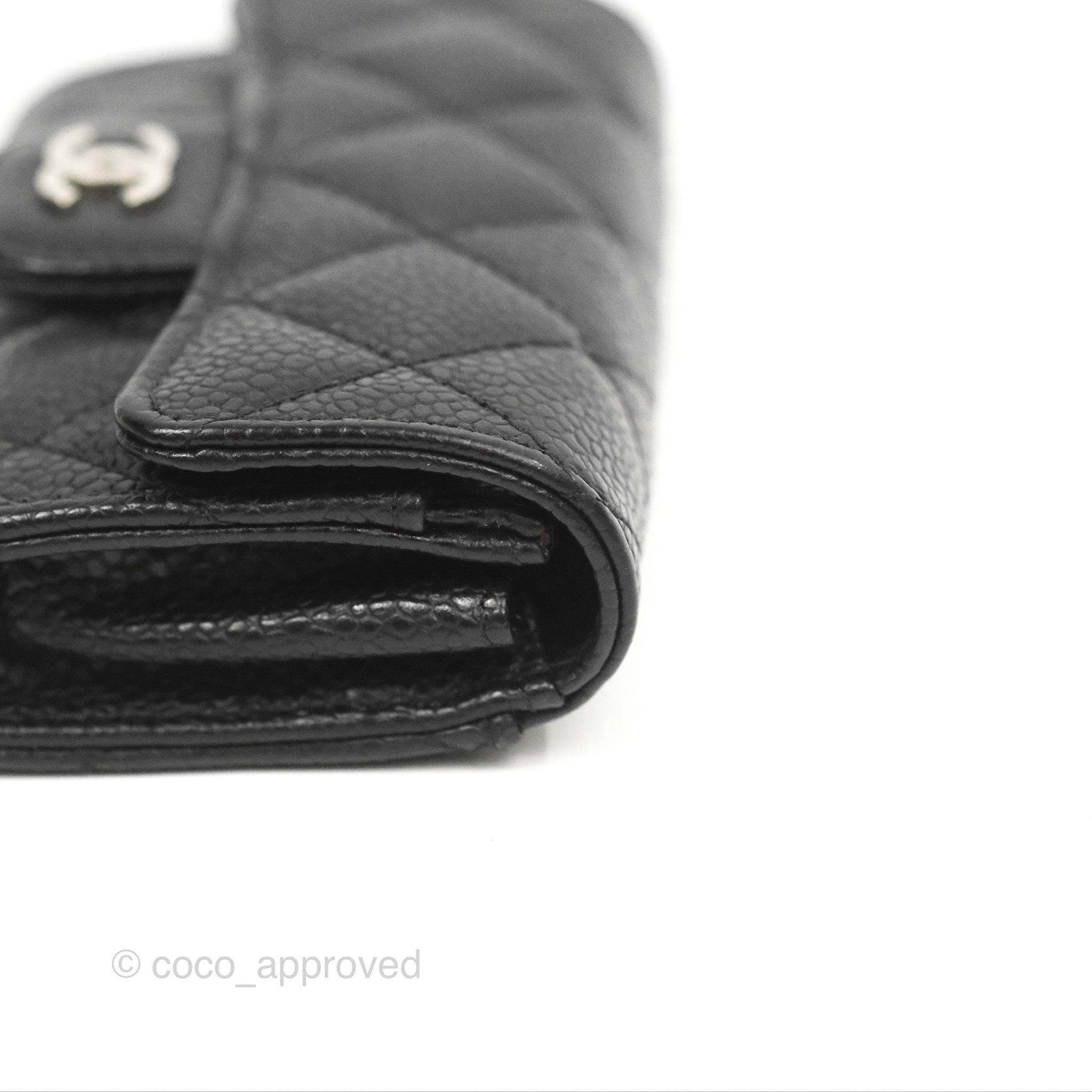 Chanel Classic Flap Card Holder Wallet - Black Caviar Leather with Silver Hardware | Luxury Compact Wallet for Women | Perfect for Everyday Use, Travel & Gift Giving