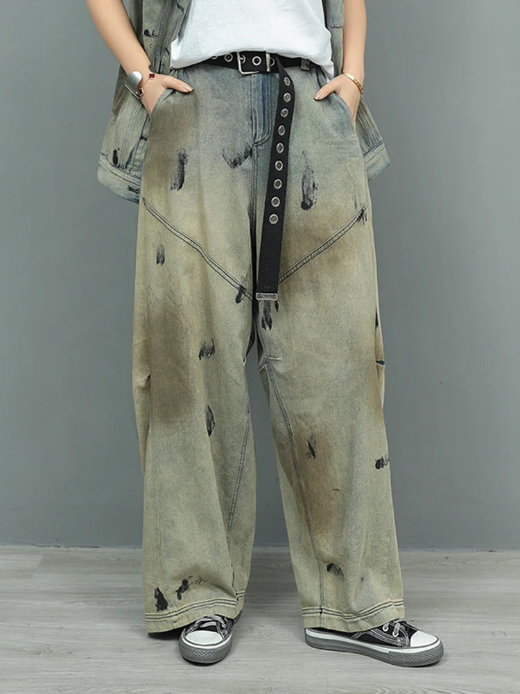 Women's Big Size Denim Vest & Wide Leg Pants Two Piece Suit - Round Neck Sleeveless Fashion Outfit for Spring & Autumn 2025 | Casual Streetwear, Office Chic & Weekend Outings | Style Code 1DJ0966