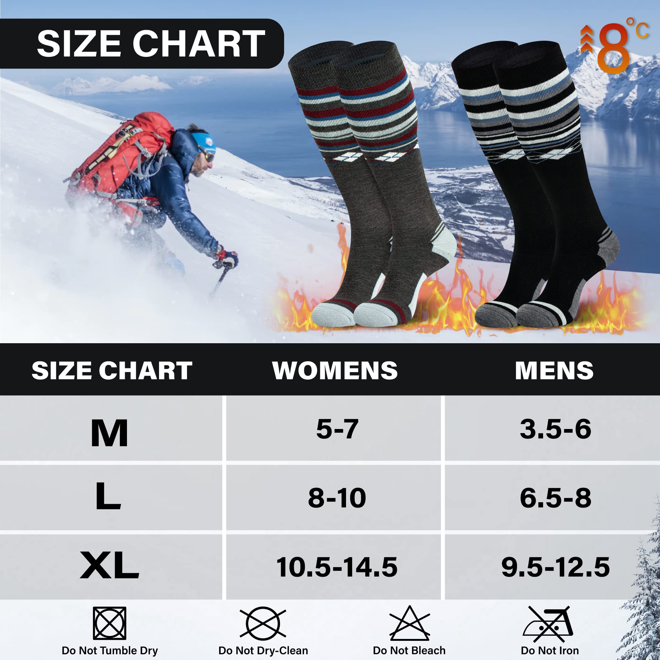 50% Merino Wool Thermal Ski Socks for Men & Women - Knee High Winter Snowboard Socks for Cold Weather - Perfect for Skiing, Snowboarding & Outdoor Winter Sports