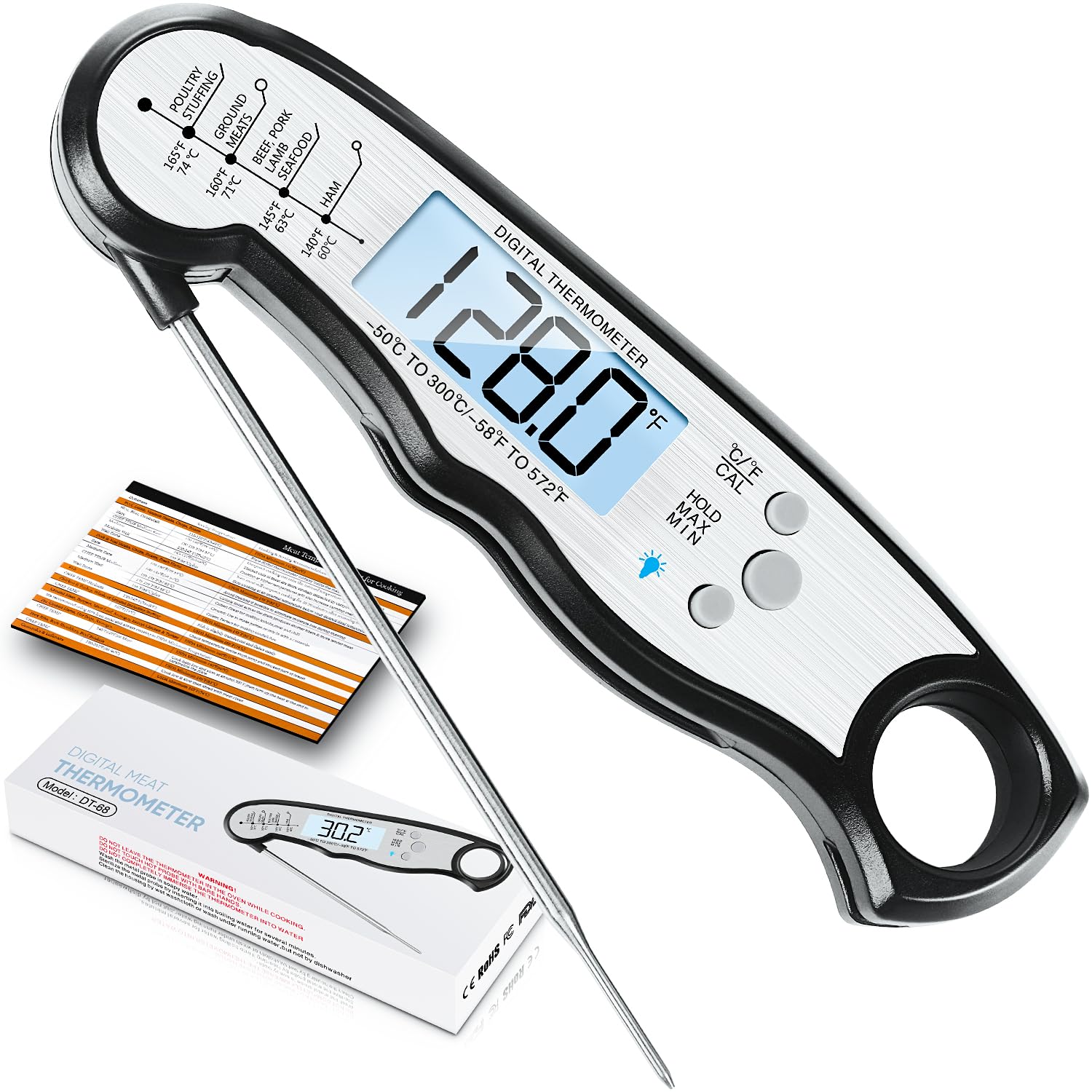 Digital Meat Thermometer - Waterproof Instant Read Food Thermometer for Cooking, Grilling & BBQ | Kitchen Gadget with Backlight & Calibration | Perfect for Candy Making, Liquids, Beef, Turkey (Ideal for Home Chefs, Outdoor Cooking & Professional Kitchens)