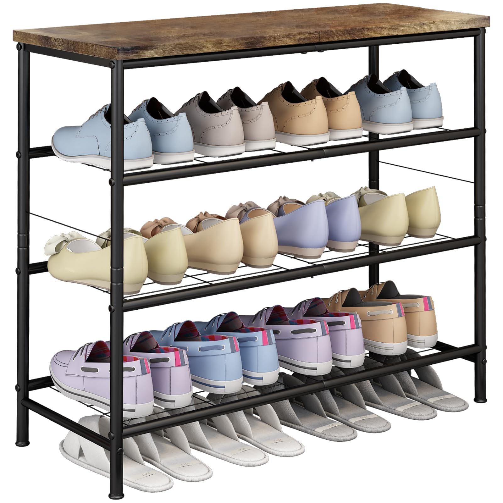 4-Tier Metal Shoe Rack Organizer with MDF Top - Free Standing Closet & Entryway Storage Shelf (Black + Rustic Brown) | Perfect for Small Spaces, Apartment Living & Shoe Organization