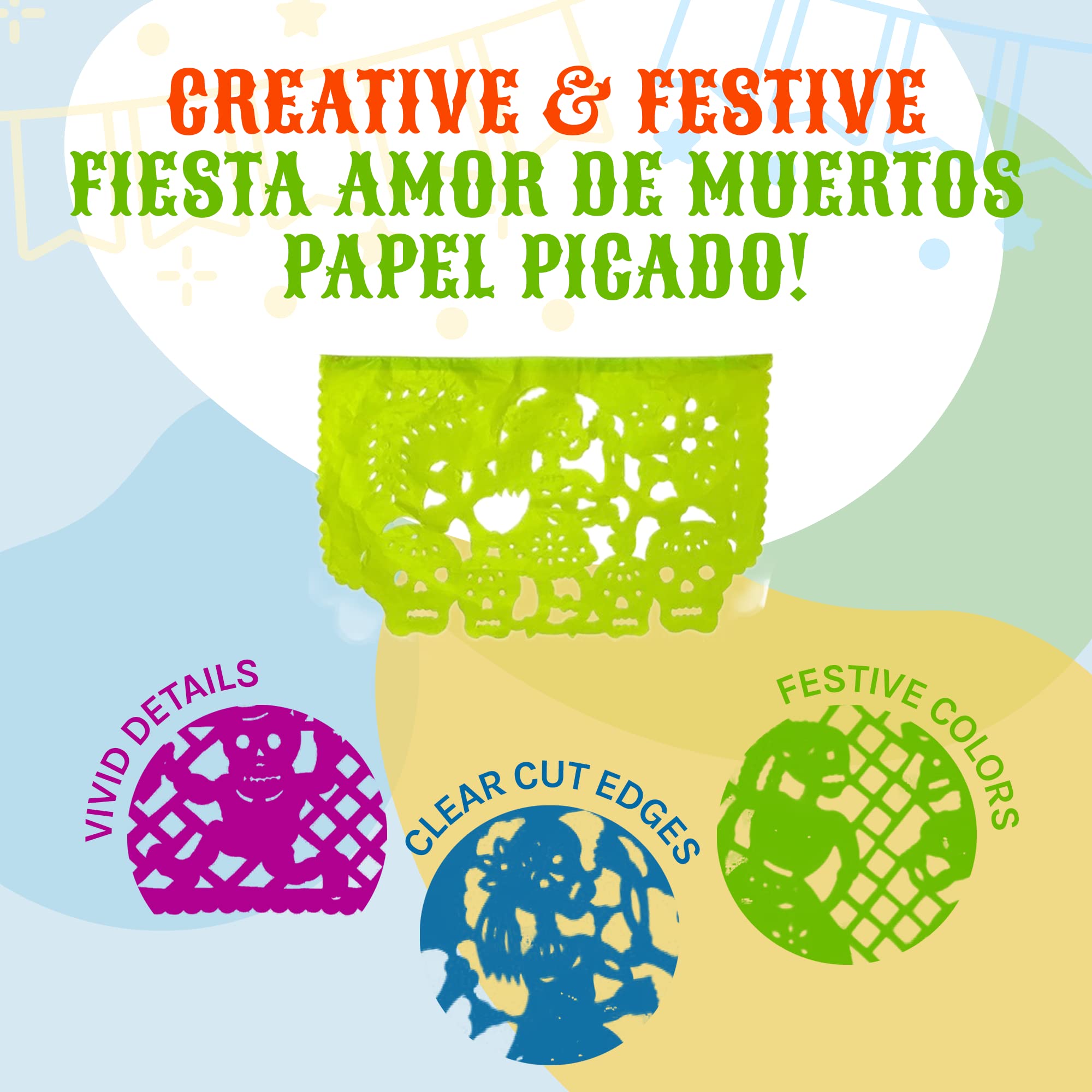 Day of the Dead Party Decorations - Dia de Los Muertos Papel Picado Tissue Paper Banner Set (12.5 Ft x 4, 50 Ft Total) for Halloween, Mexican Fiesta & Home Decor - Perfect for Altars, Parties & Cultural Celebrations