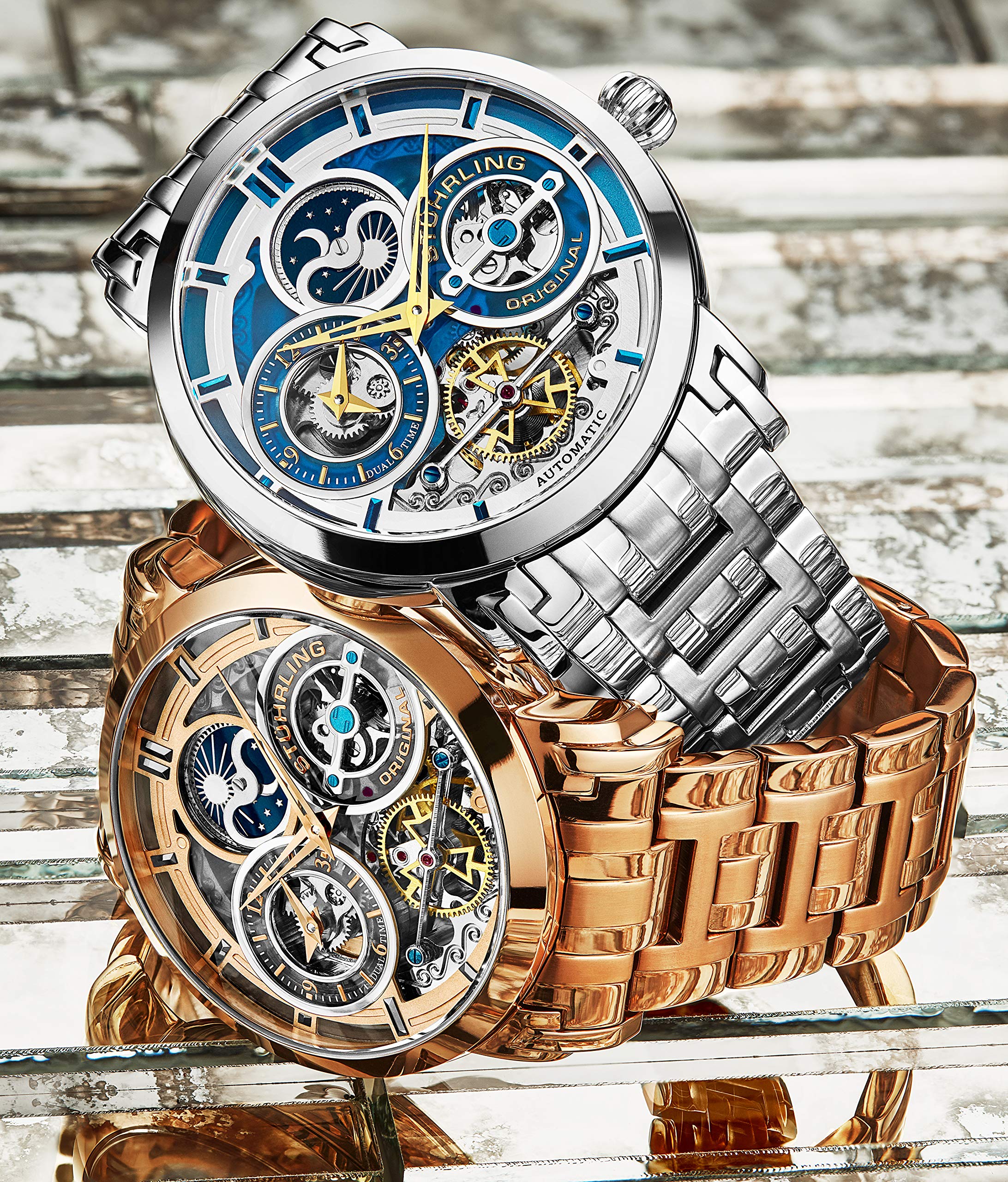 Stührling Original Men's Automatic Watch - Stainless Steel, Silver Skeleton Dial, Dual Time, AM/PM Sun Moon Display, with Steel Bracelet - 371B Series | Perfect for Business, Formal Occasions & Watch Collectors