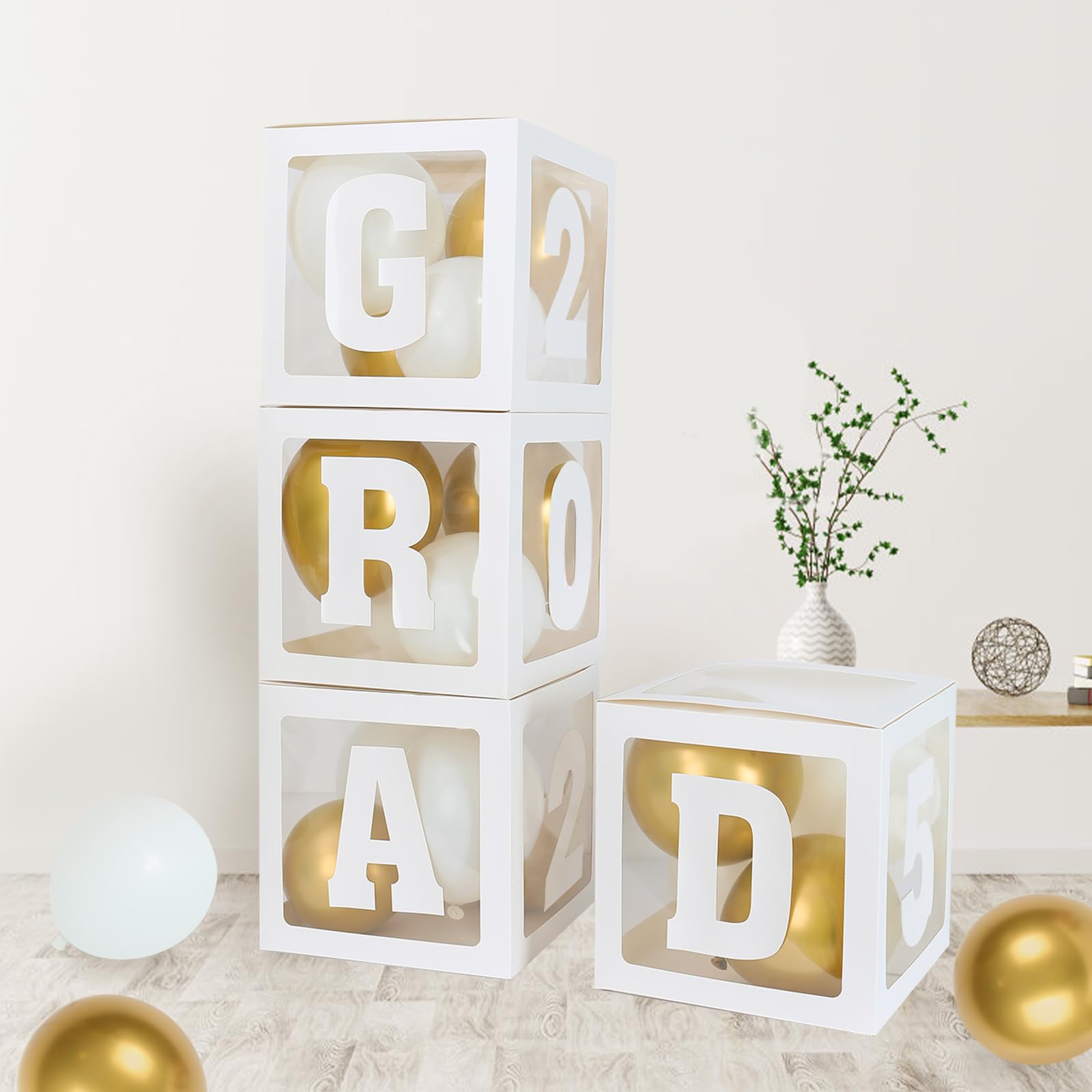 2025 Graduation Party Decorations - 4pcs White Balloon Boxes with GRAD Letters for Preschool, Kindergarten, High School & College Graduation Celebrations - Perfect for Graduation Ceremonies, Photo Backdrops & Party Decor