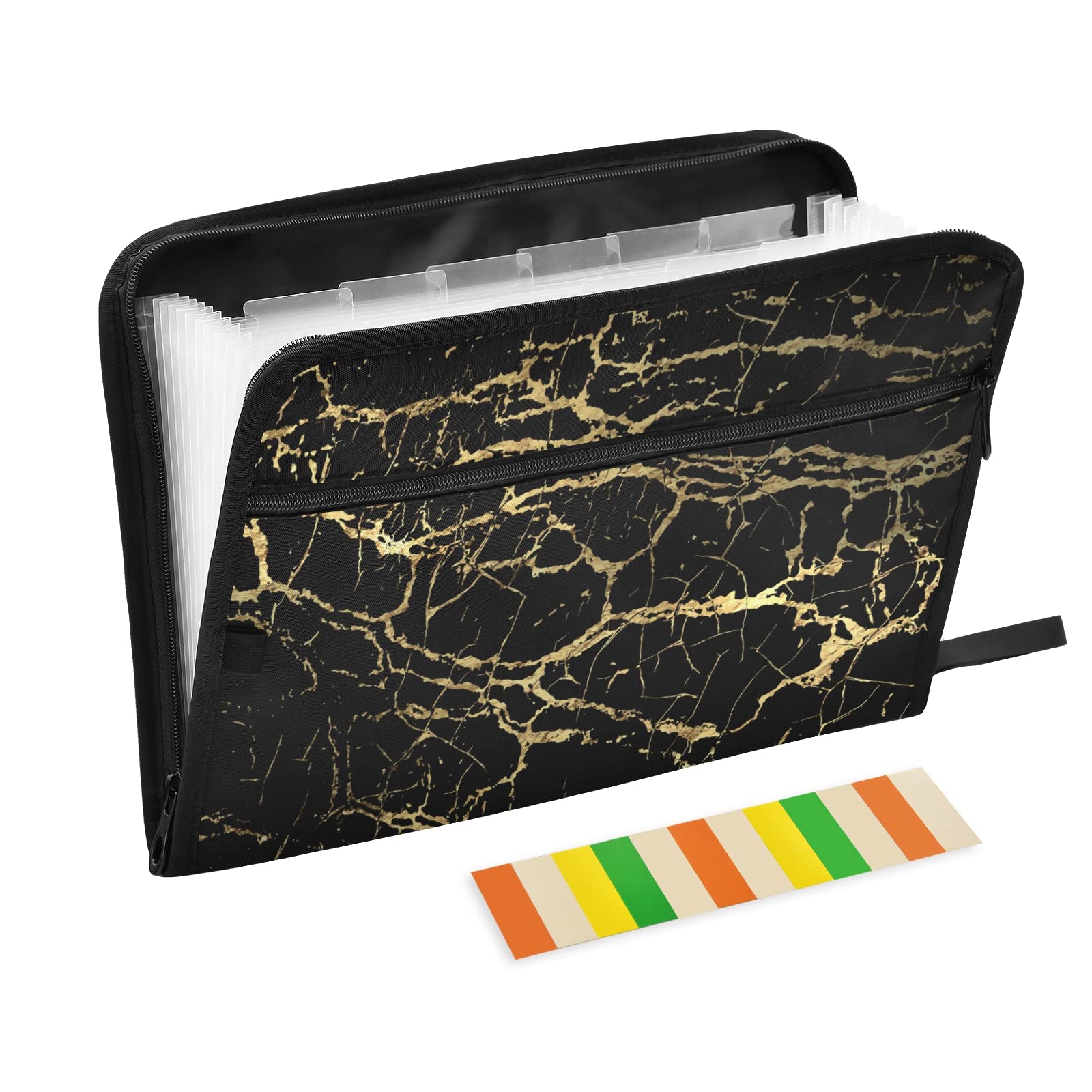 KFBE Black Marbling Expanding File Folder with Sticky Labels - 13 Pocket Accordion Organizer for Letter/A4 Documents - Zippered Closure File Storage for Office, School, and Home Use - 20812565