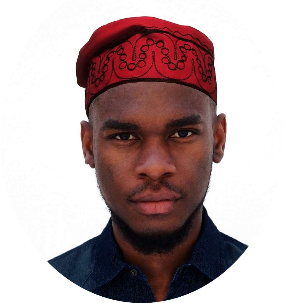 African Red Kufi Hat with Black Embroidery - Traditional Muslim Cap for Men - Perfect for Eid, Weddings & Cultural Events