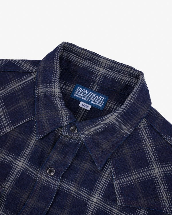 Iron Heart IHSH 411 9oz Selvedge Indigo Check Flannel Western Shirt for Men - Black Plaid Workwear Shirt for Casual & Outdoor Wear