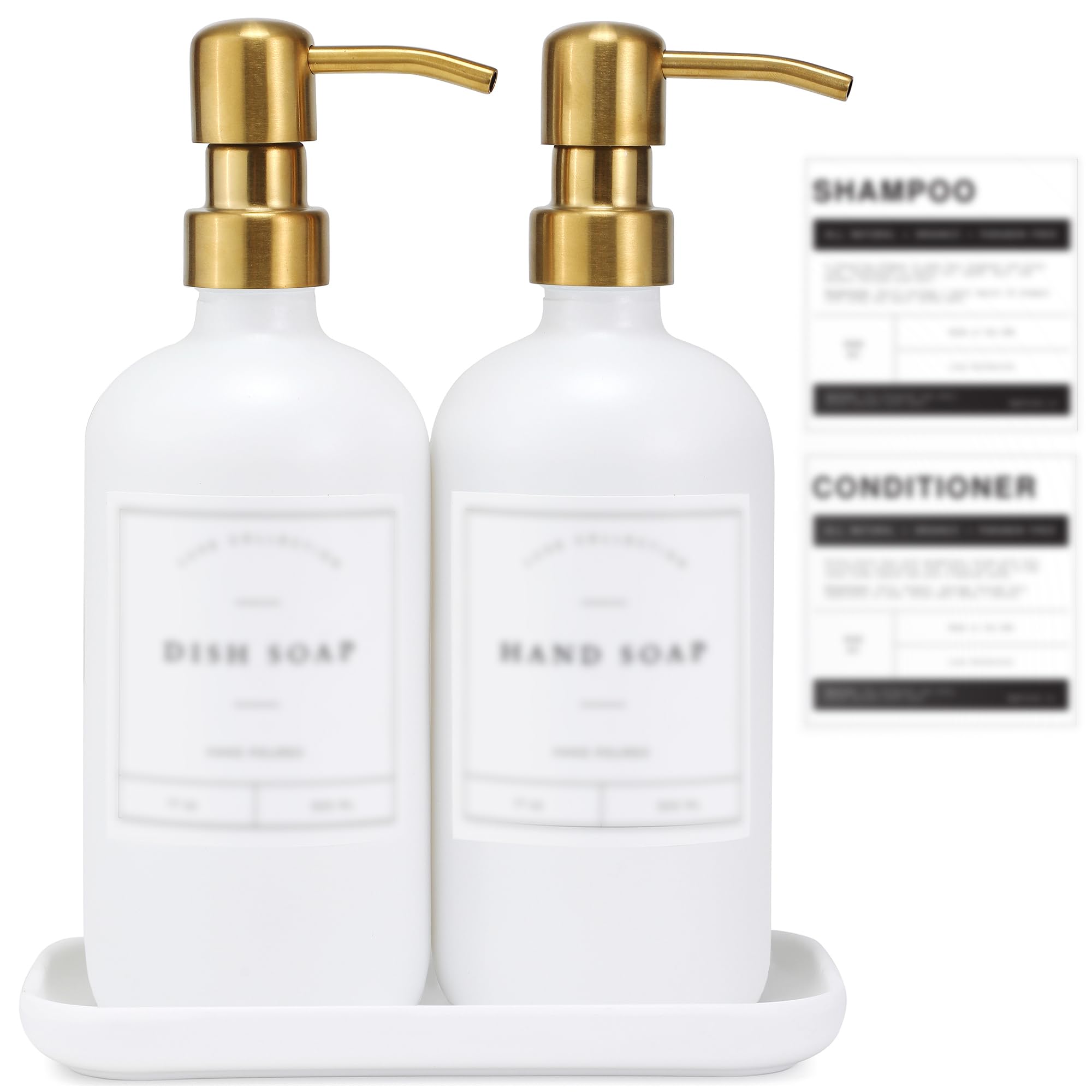 2 Pack Glass Soap Dispenser Pump for Kitchen & Bathroom - Modern Farmhouse Countertop Hand Soap & Dish Soap Dispenser Set with Tray - Perfect for Sink, Vanity, and Farmhouse Decor