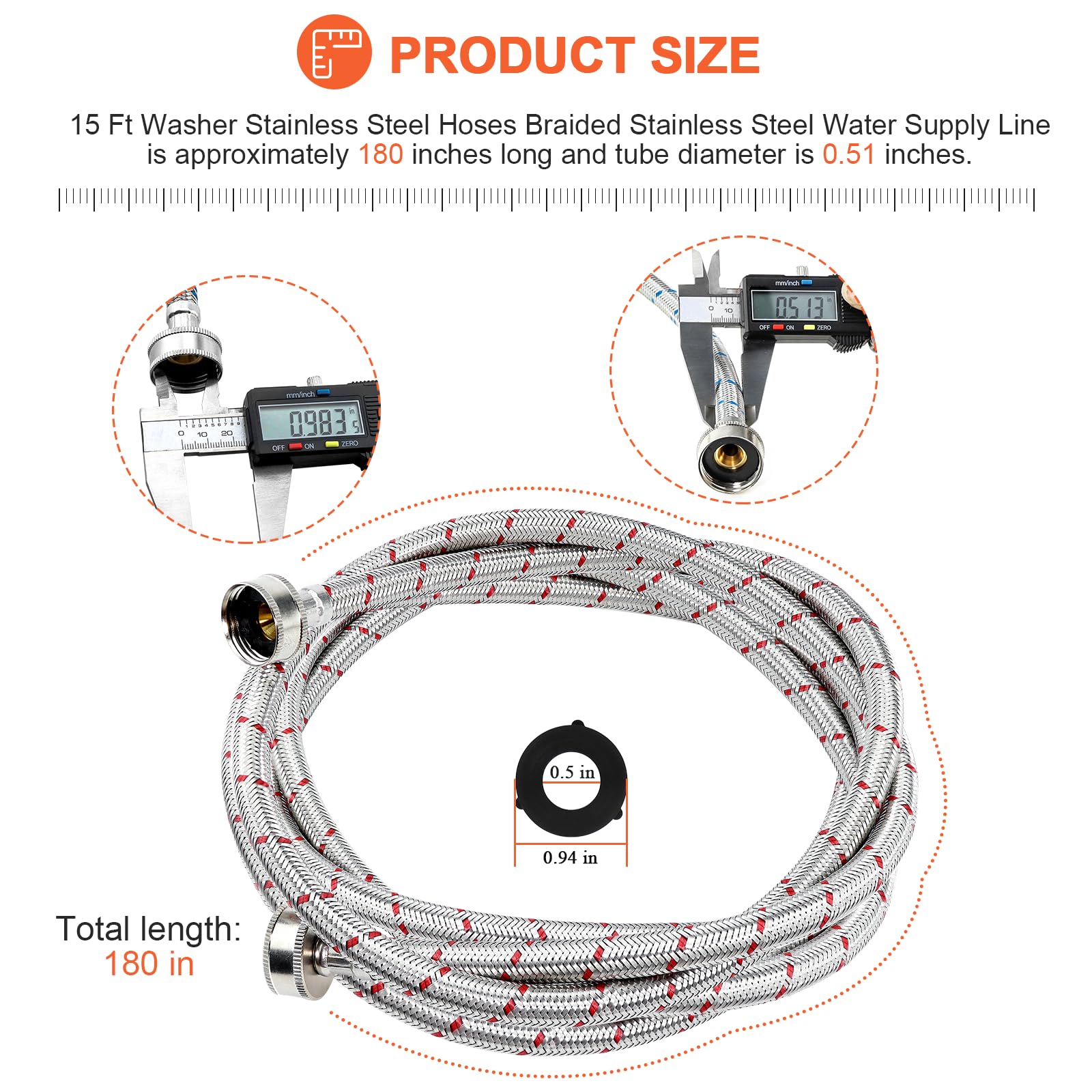 Beaquicy 15ft Long Washing Machine Hoses (2 Pack) - Stainless Steel Hot and Cold Water Supply Lines with Striped Design - Universal Fit for All Washing Machines - Burst Proof & Leak Free - 10 Year Warranty - Perfect for Laundry Rooms, Basements, and Apartments
