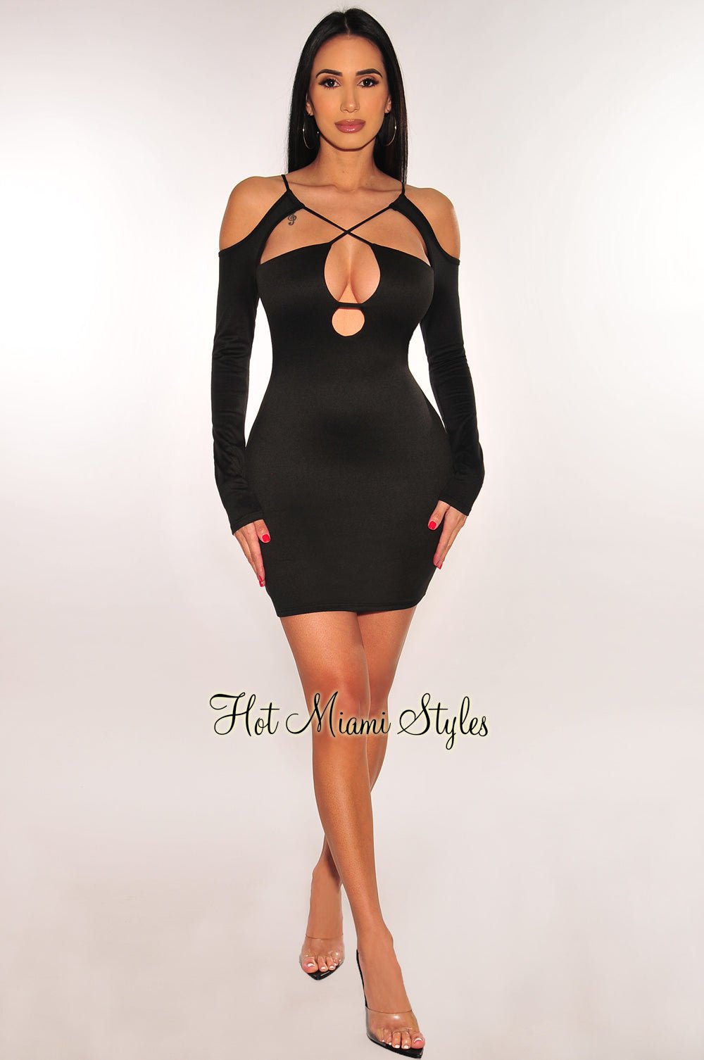 Black Cut Out Criss Cross Long Sleeve Mini Dress - Sexy Bodycon Party Dress for Women, Perfect for Night Out, Club Wear, Date Night and Special Occasions