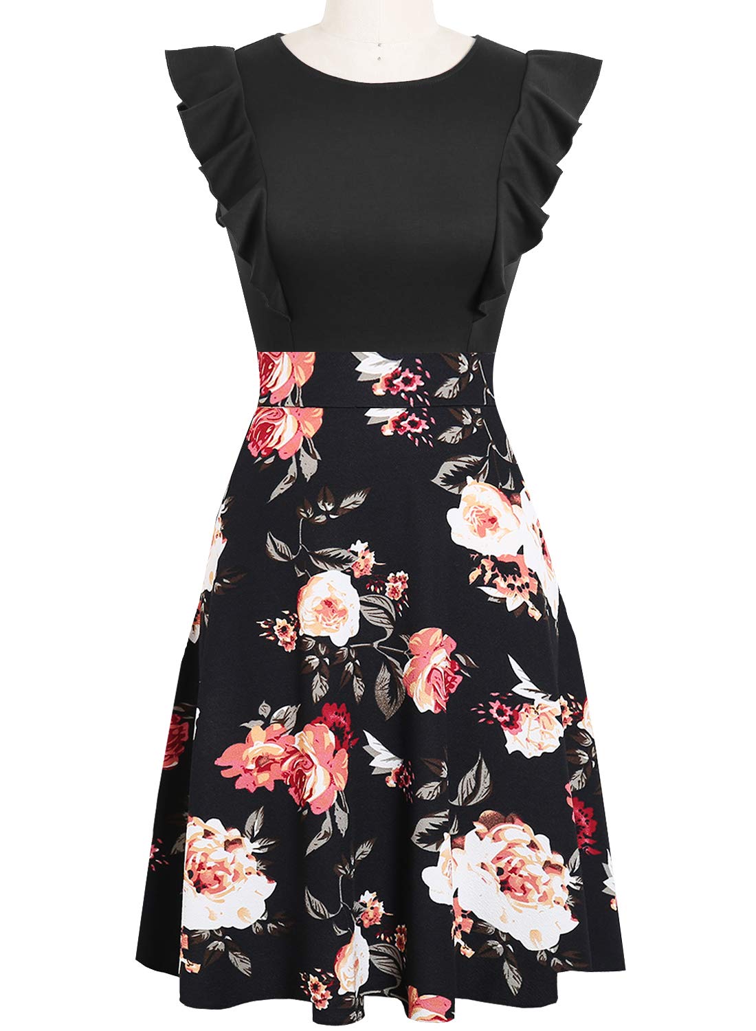 YATHON Women's Vintage Floral Ruffle A-Line Swing Dress - Elegant Cocktail Party & Casual Summer Dress for Wedding Guest, Date Night, and Special Occasions
